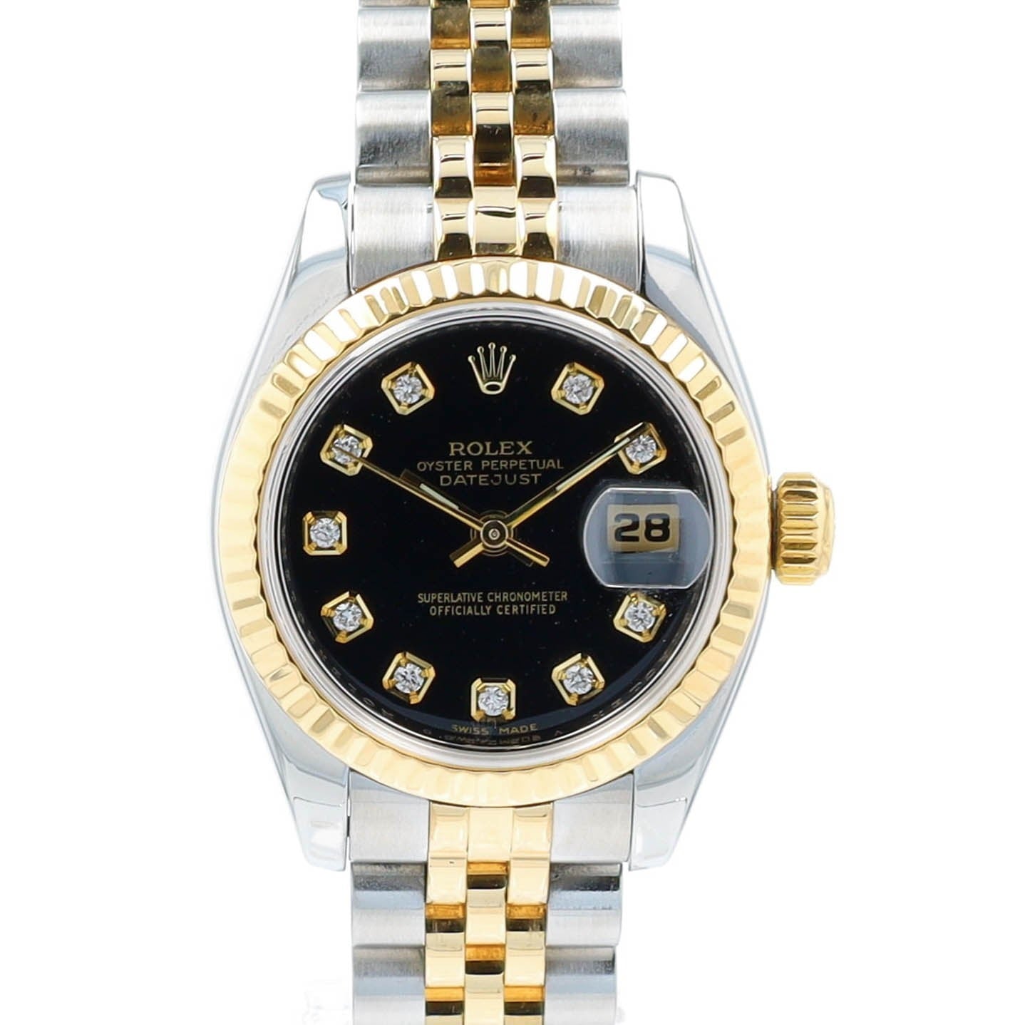Rolex Ladies Datejust 179173 Two-Tone 18KY & Steel Black Diamond Jubilee Watch - Luxuriant Concierge