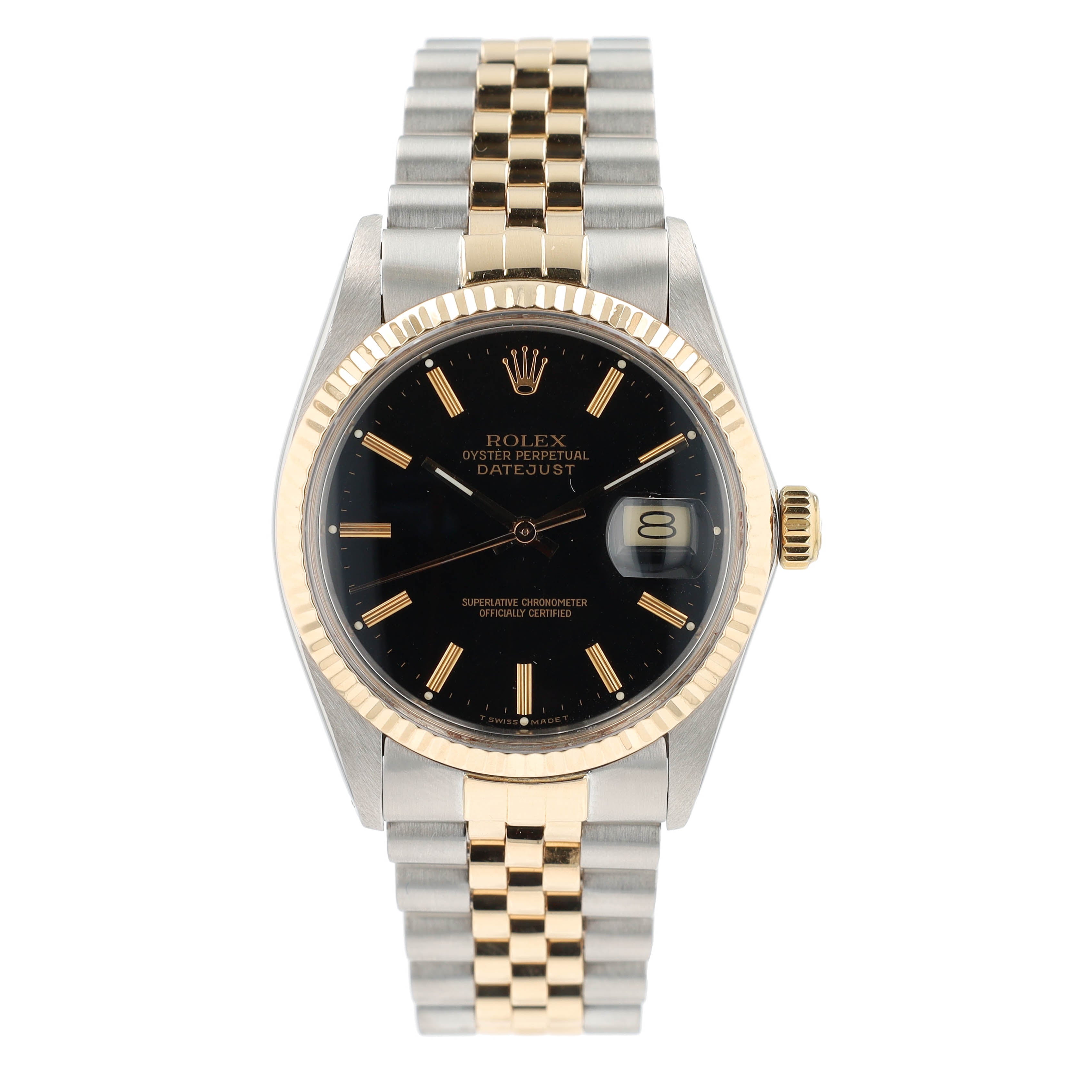 Rolex Datejust 16013 36mm Black Index Dial 18K Yellow Gold Bezel Jubilee Band