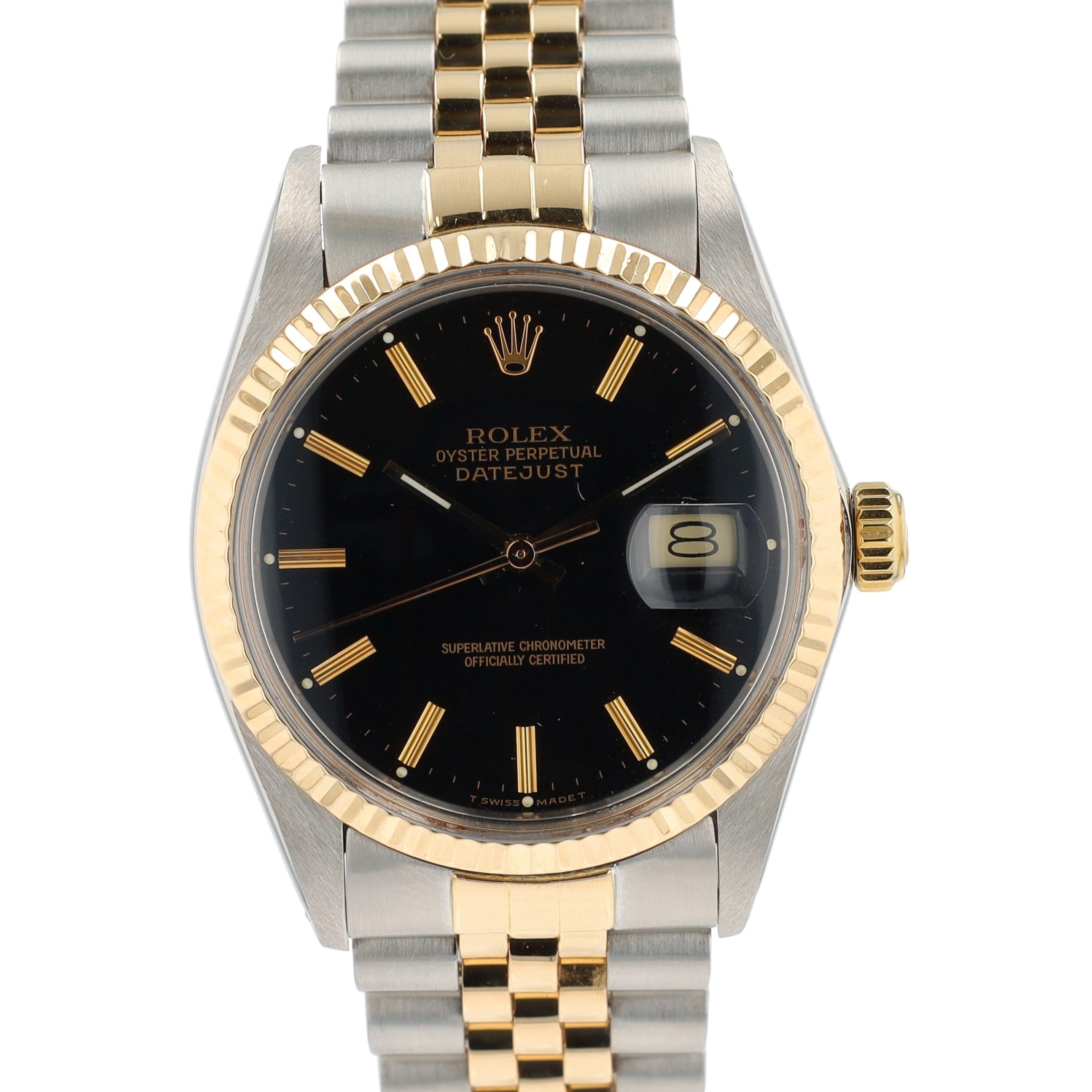Rolex Datejust 16013 36mm Black Index Dial 18K Yellow Gold Bezel Jubilee Band - Luxuriant Concierge