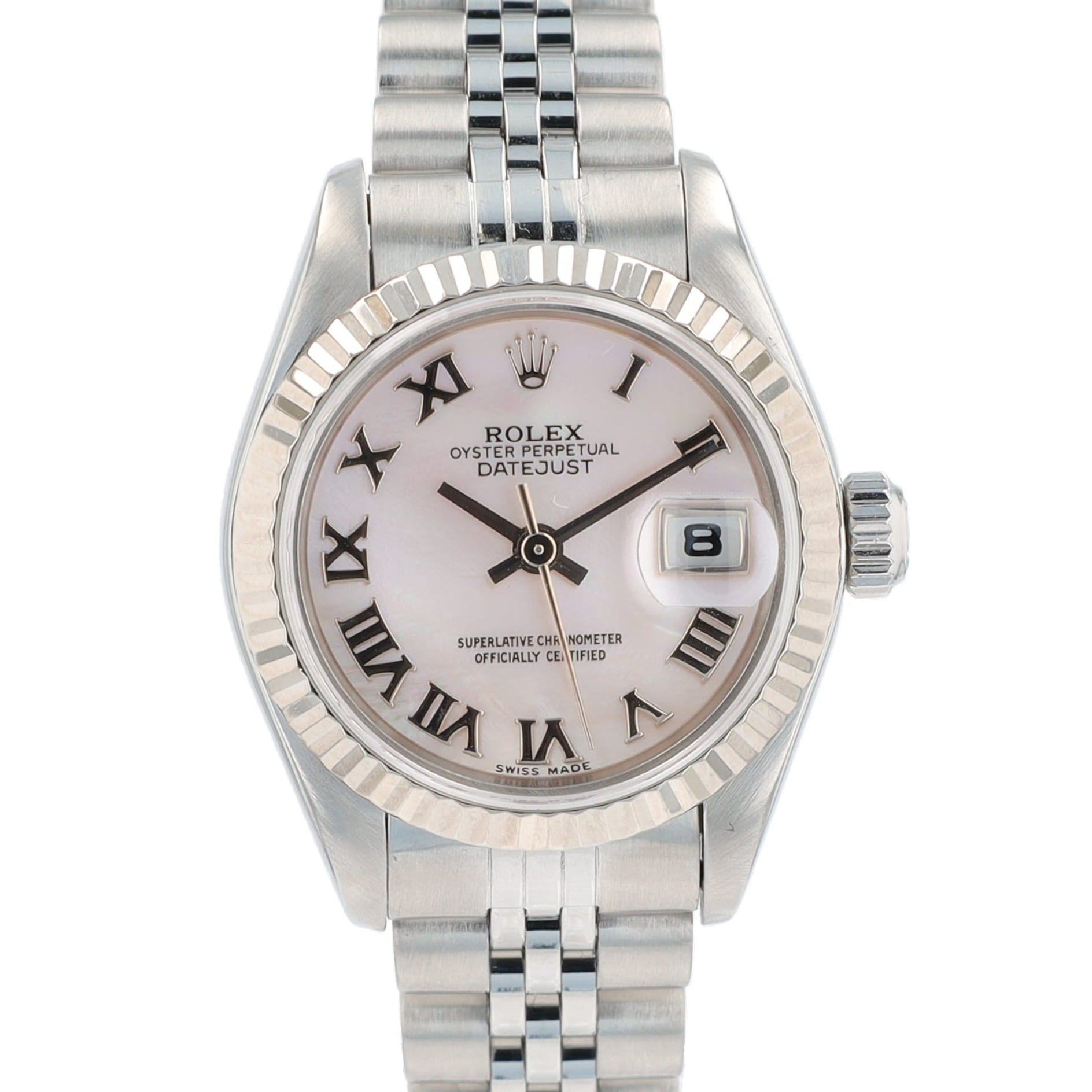 Rolex Datejust 79174 26mm White MOP Roman Dial Fluted Bezel Jubilee Band - Luxuriant Concierge