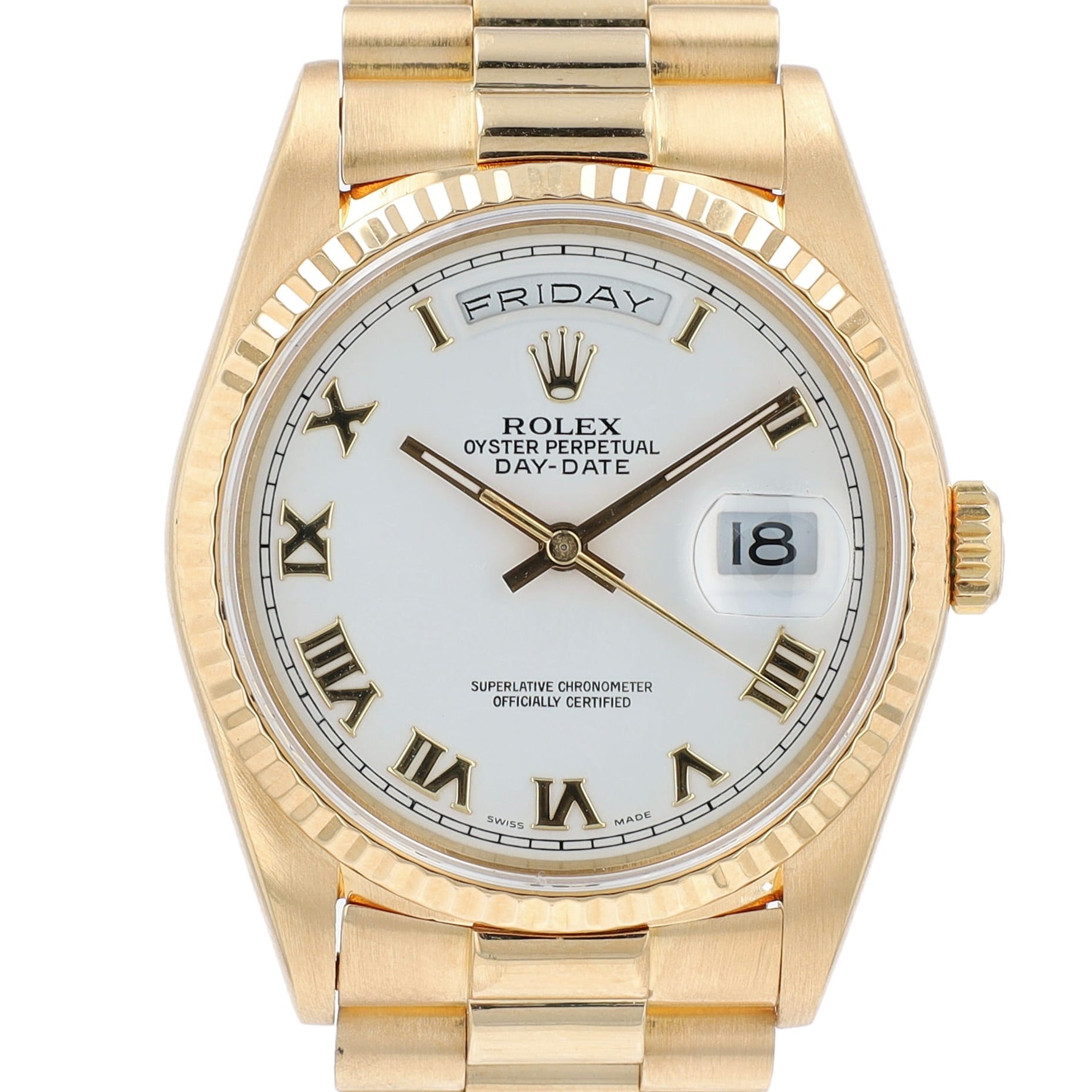 Rolex Day-Date 18238 36mm White Roman Dial Fluted Bezel President Band