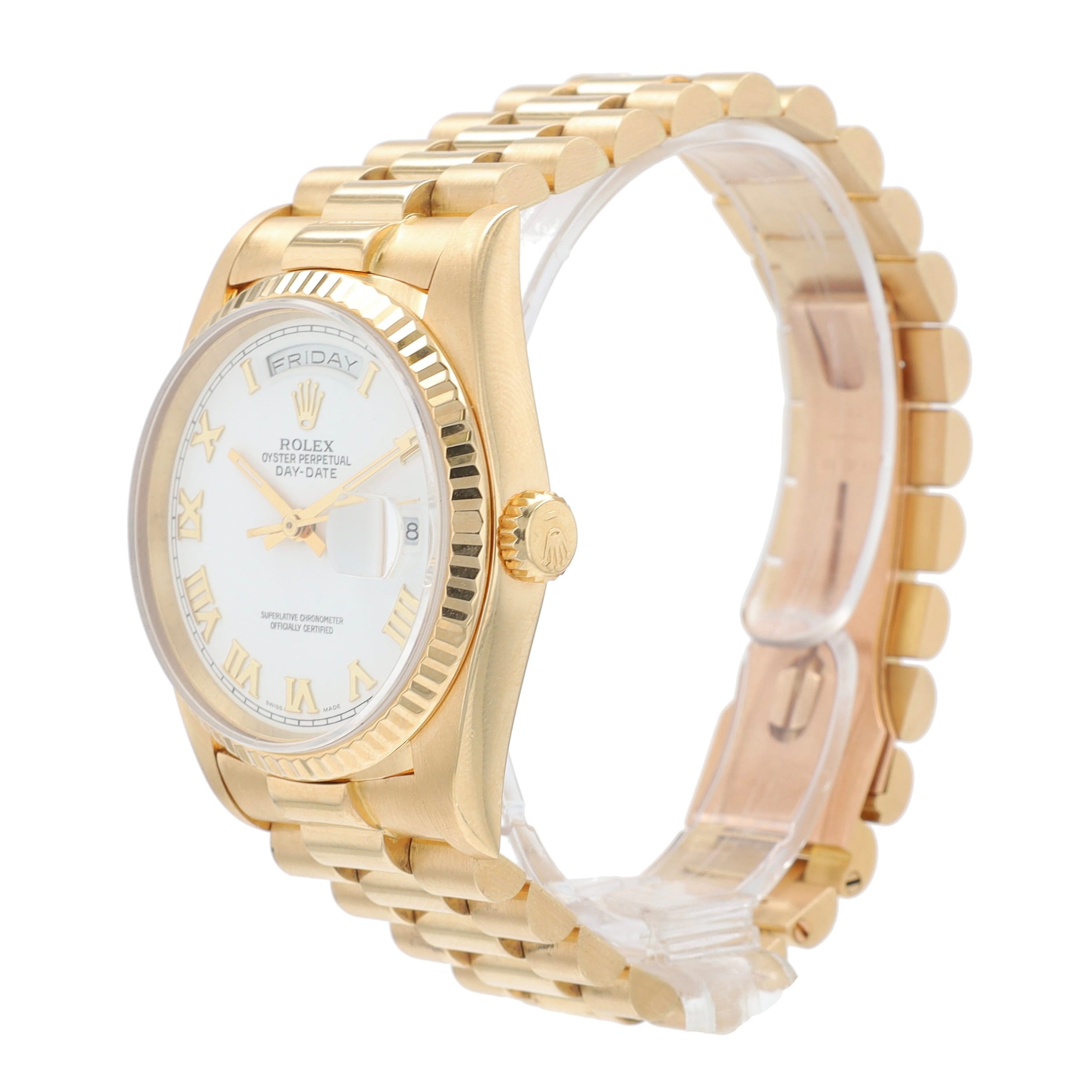 Rolex Day-Date 18238 36mm White Roman Dial Fluted Bezel President Band