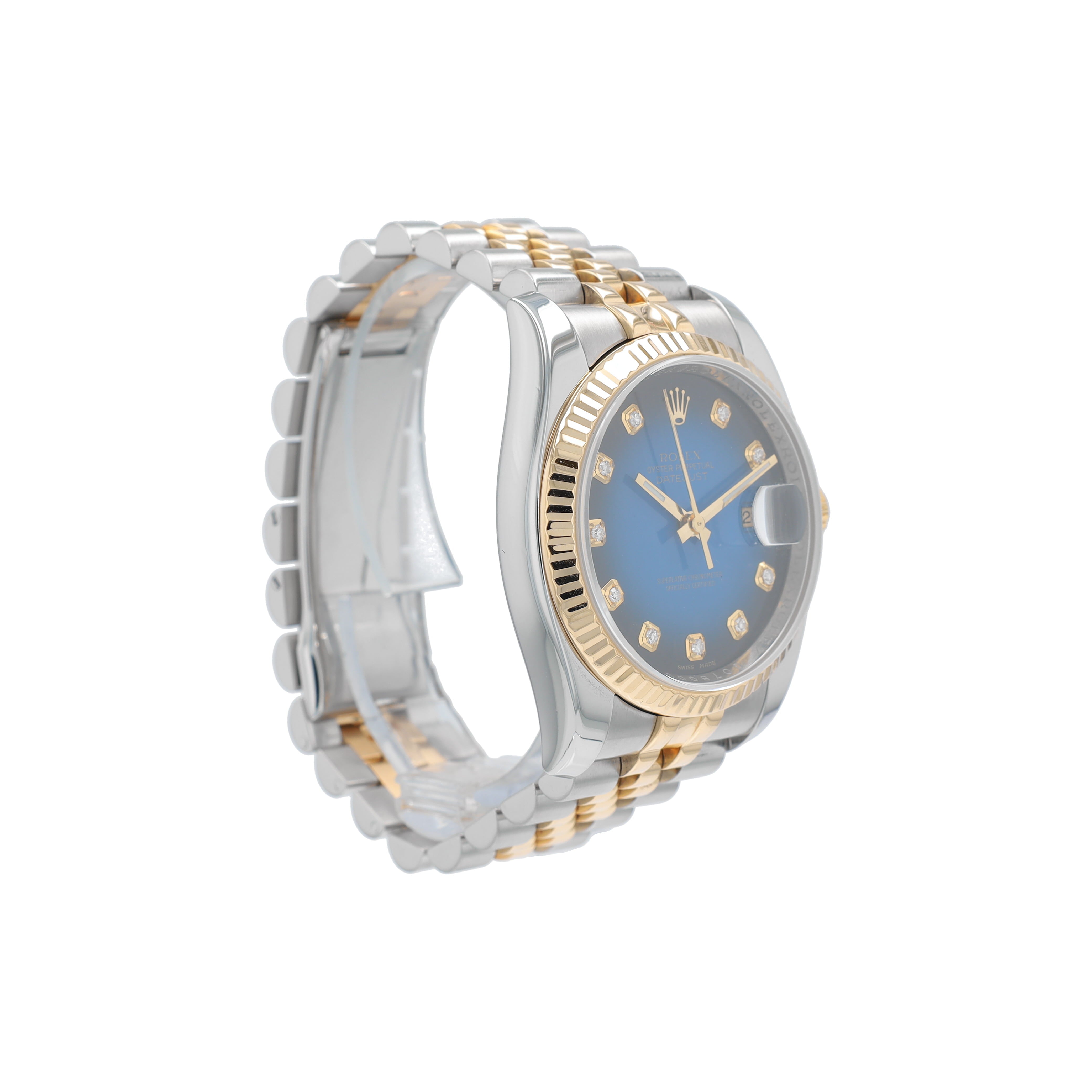 B&P Rolex Datejust 116233 36mm Blue Diamonds Dial Fluted Bezel Jubilee Band - Luxuriant Concierge