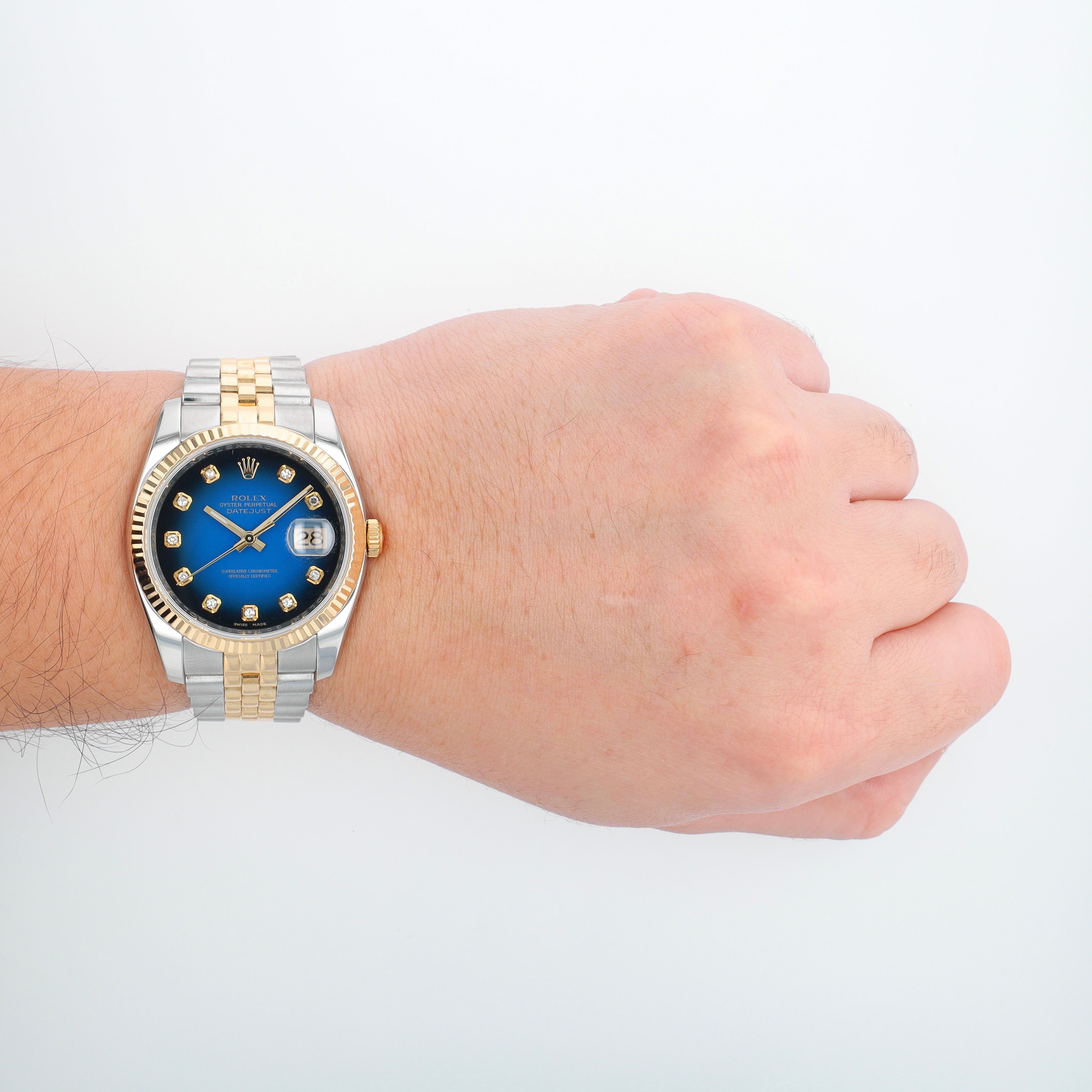 B&P Rolex Datejust 116233 36mm Blue Diamonds Dial Fluted Bezel Jubilee Band - Luxuriant Concierge