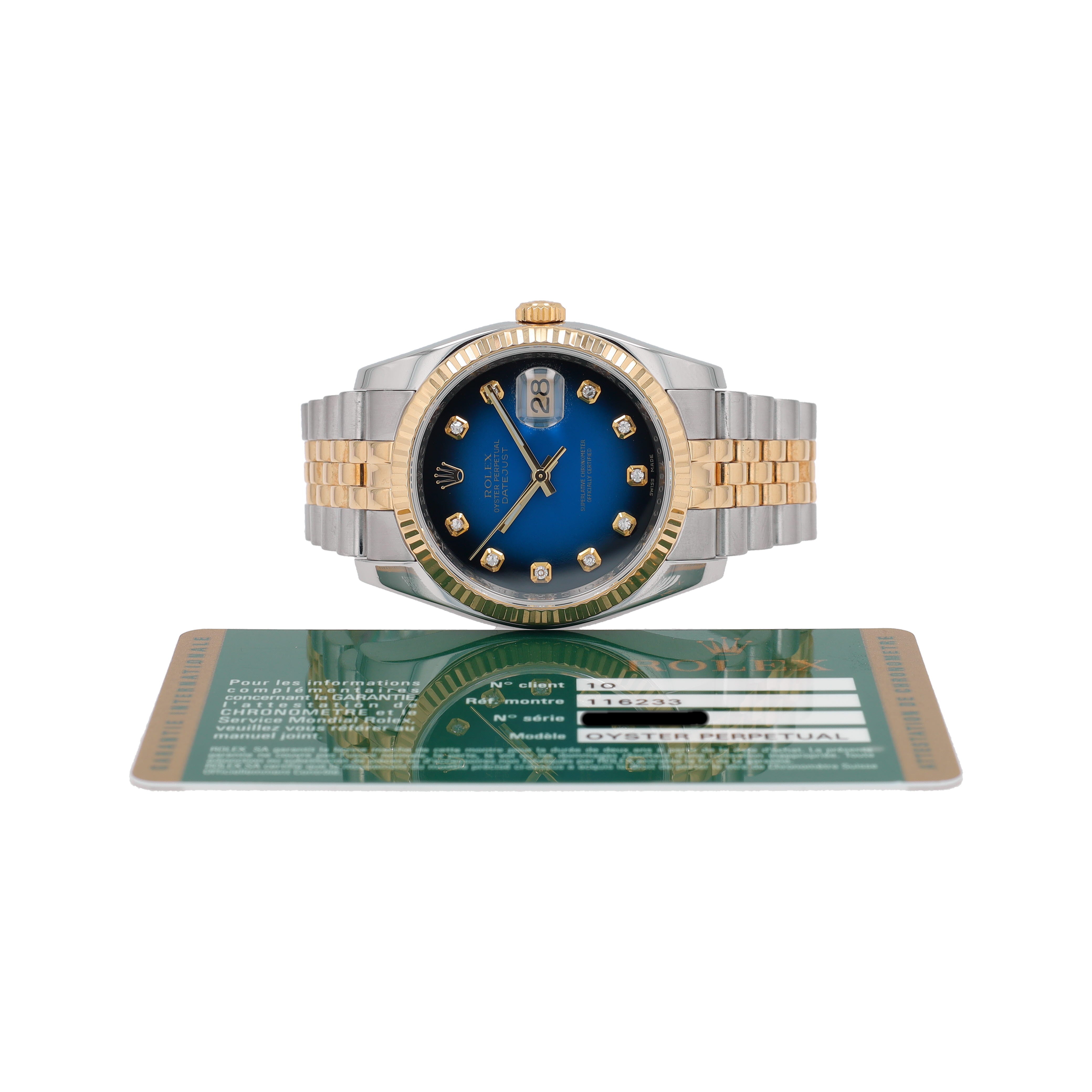 B&P Rolex Datejust 116233 36mm Blue Diamonds Dial Fluted Bezel Jubilee Band - Luxuriant Concierge