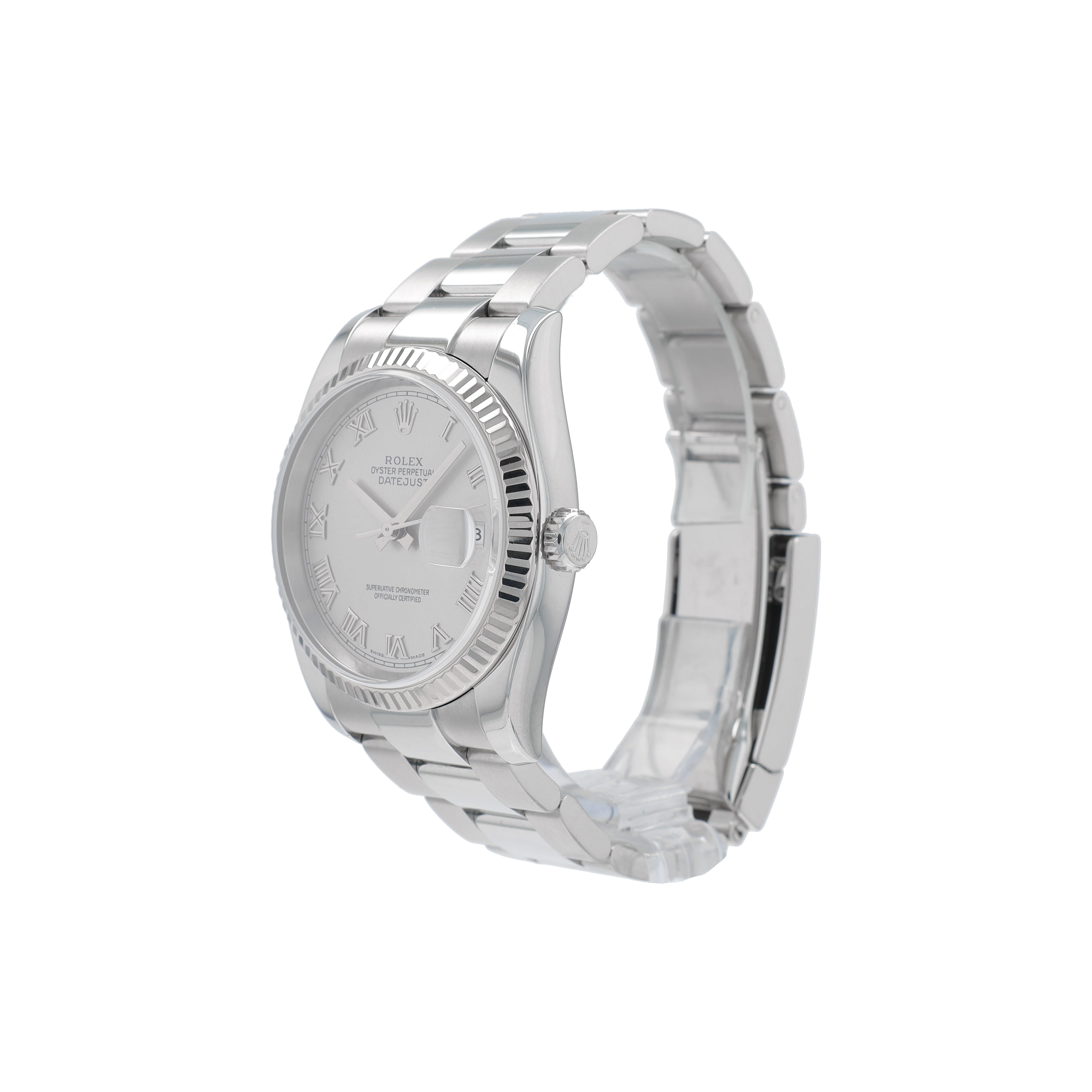 Rolex Datejust 116234 36mm Silver Roman Numeral Dial Fluted Bezel Oyster Band - Luxuriant Concierge