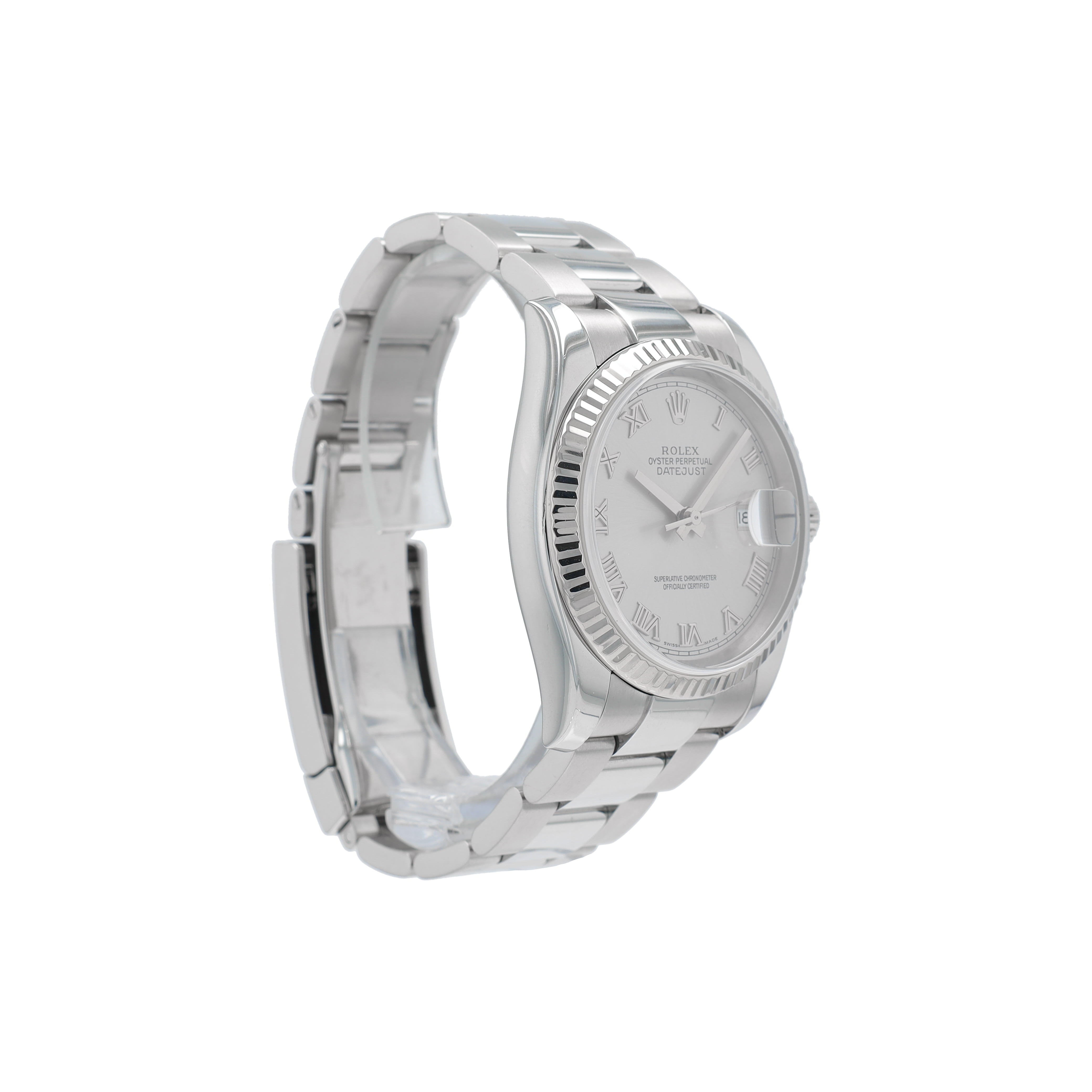 Rolex Datejust 116234 36mm Silver Roman Numeral Dial Fluted Bezel Oyster Band - Luxuriant Concierge