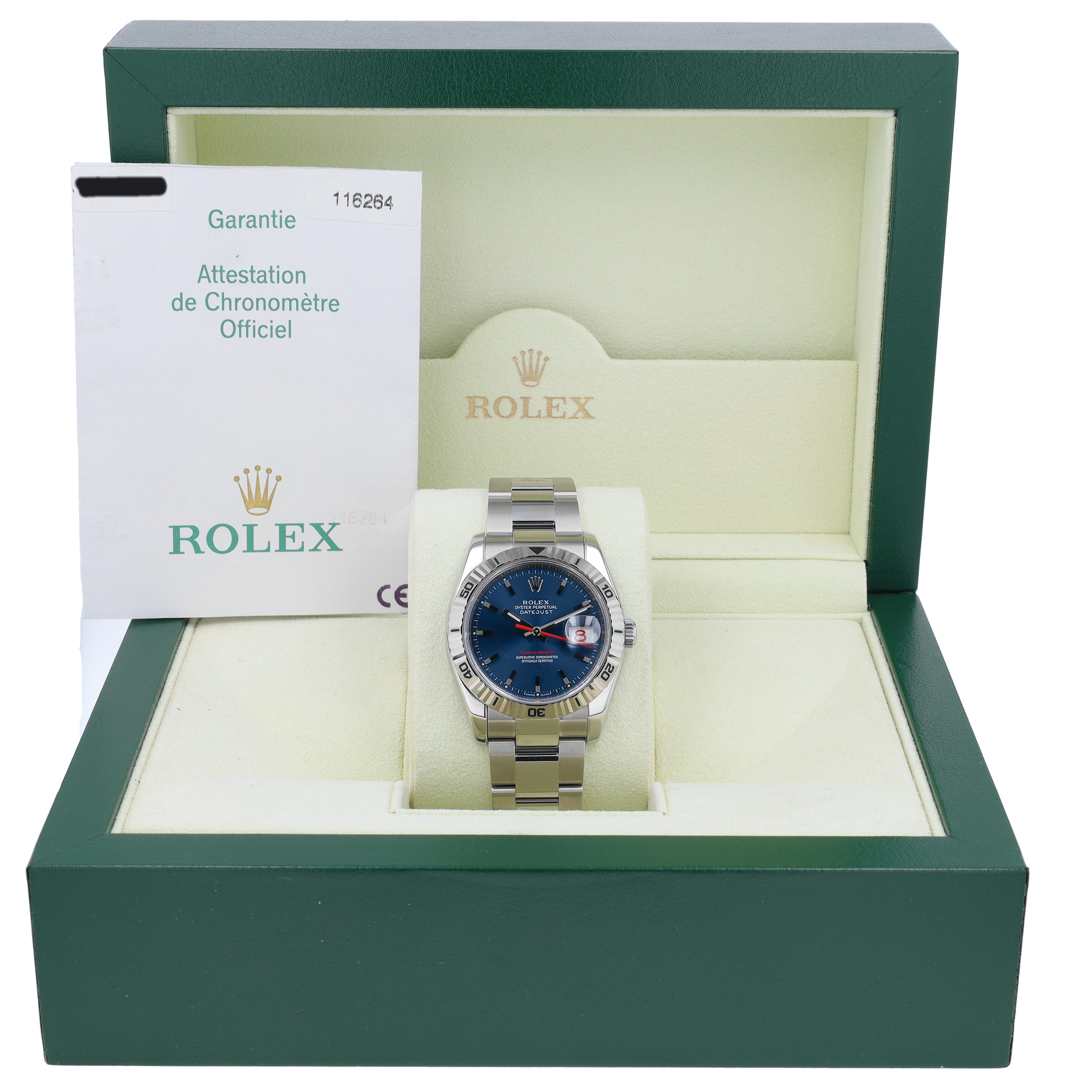 B&P Rolex Datejust 116264 36mm Blue Index Dial Thunderbird Bezel Oyster Band - Luxuriant Concierge