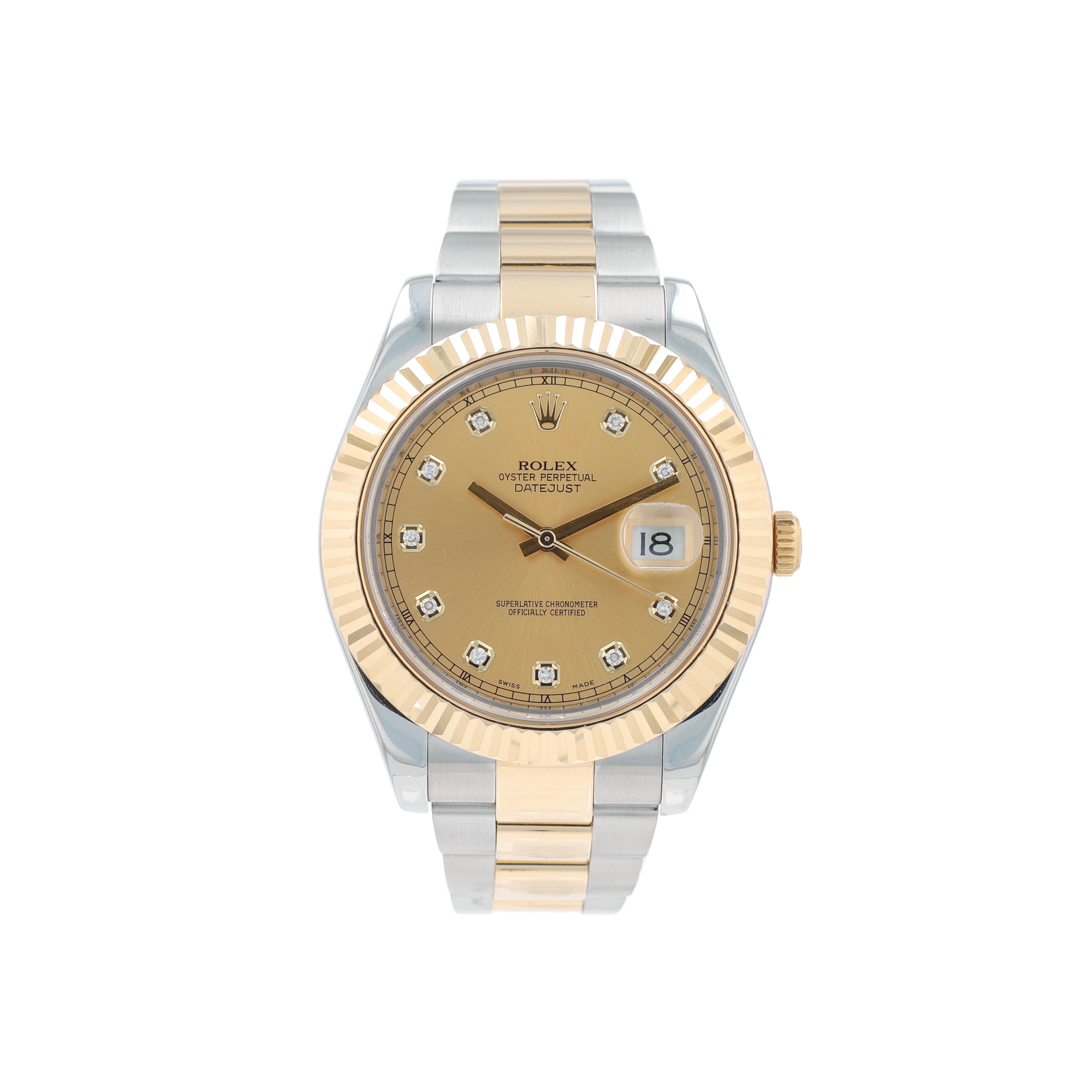 B&P Rolex Datejust II 116333 41mm Champagne Diamonds Dial Fluted Bezel Oyster Band - Luxuriant Concierge