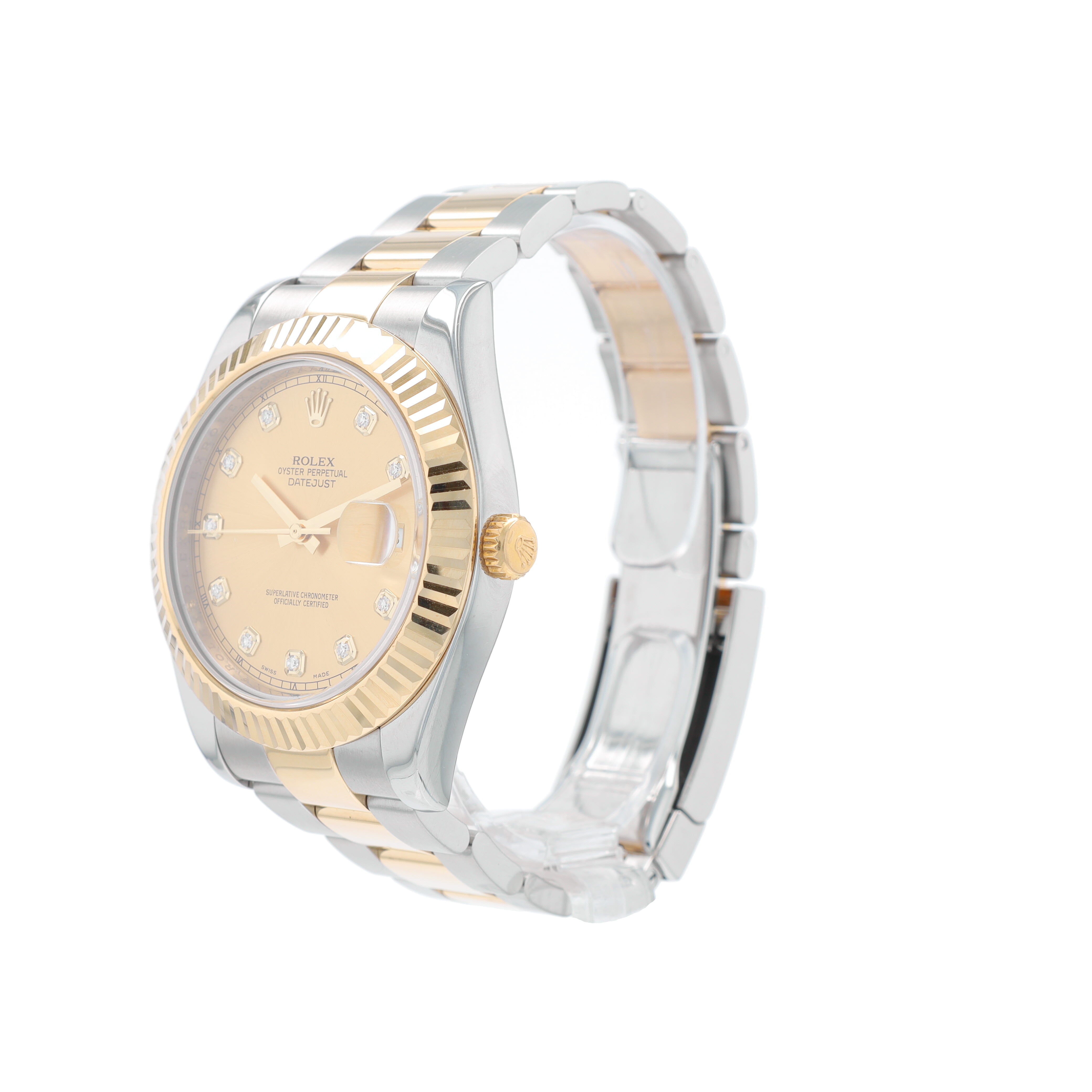 B&P Rolex Datejust II 116333 41mm Champagne Diamonds Dial Fluted Bezel Oyster Band - Luxuriant Concierge