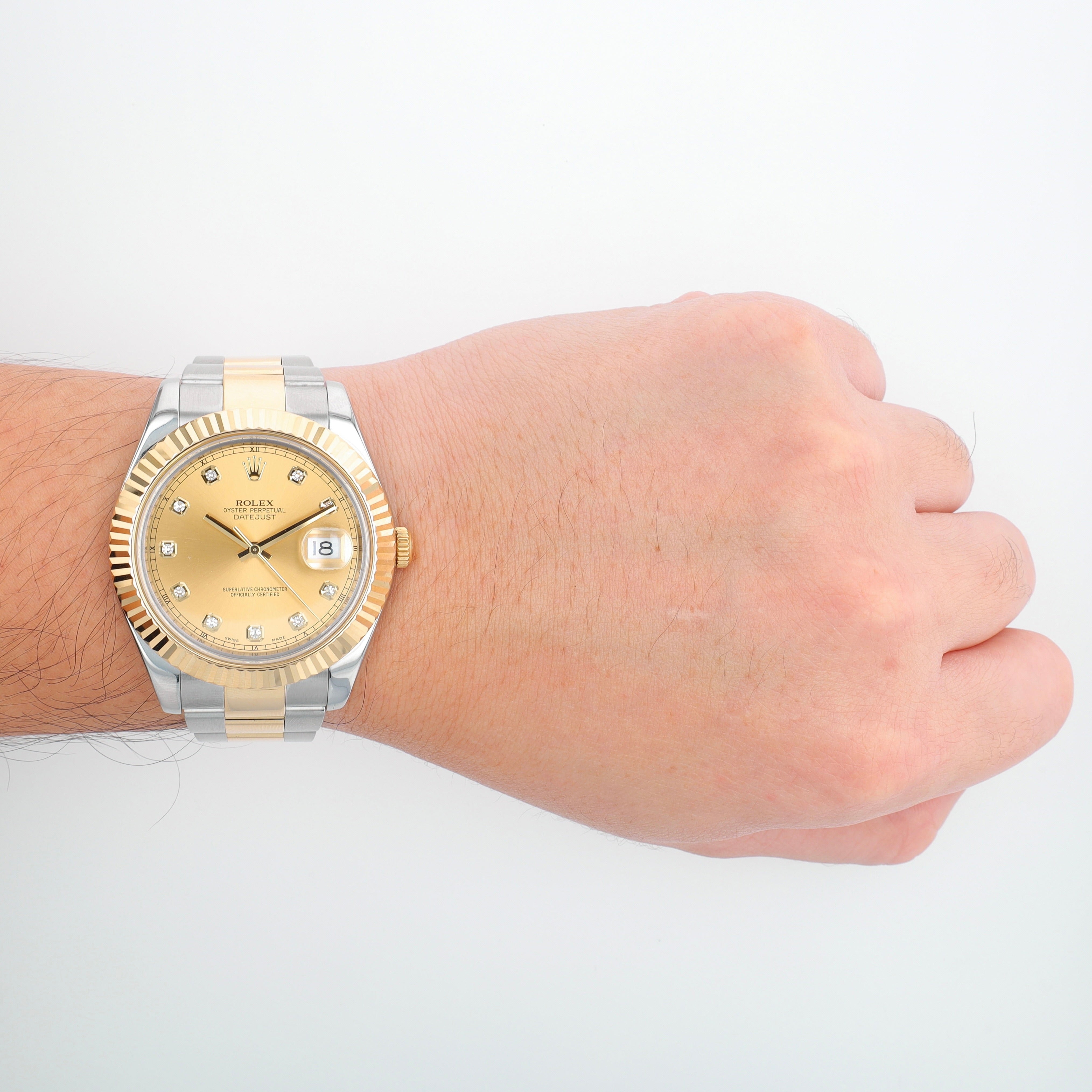 B&P Rolex Datejust II 116333 41mm Champagne Diamonds Dial Fluted Bezel Oyster Band - Luxuriant Concierge
