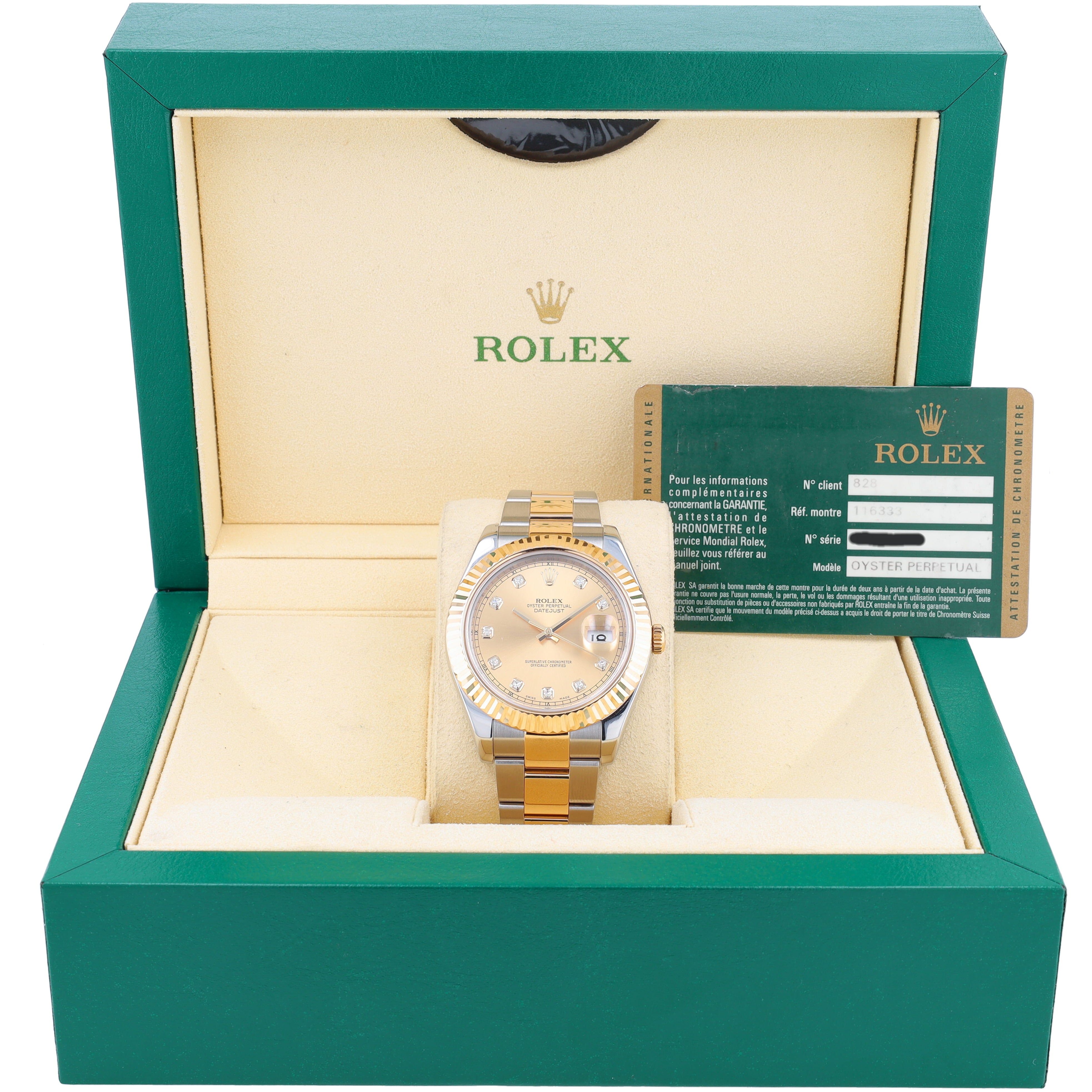 B&P Rolex Datejust II 116333 41mm Champagne Diamonds Dial Fluted Bezel Oyster Band - Luxuriant Concierge