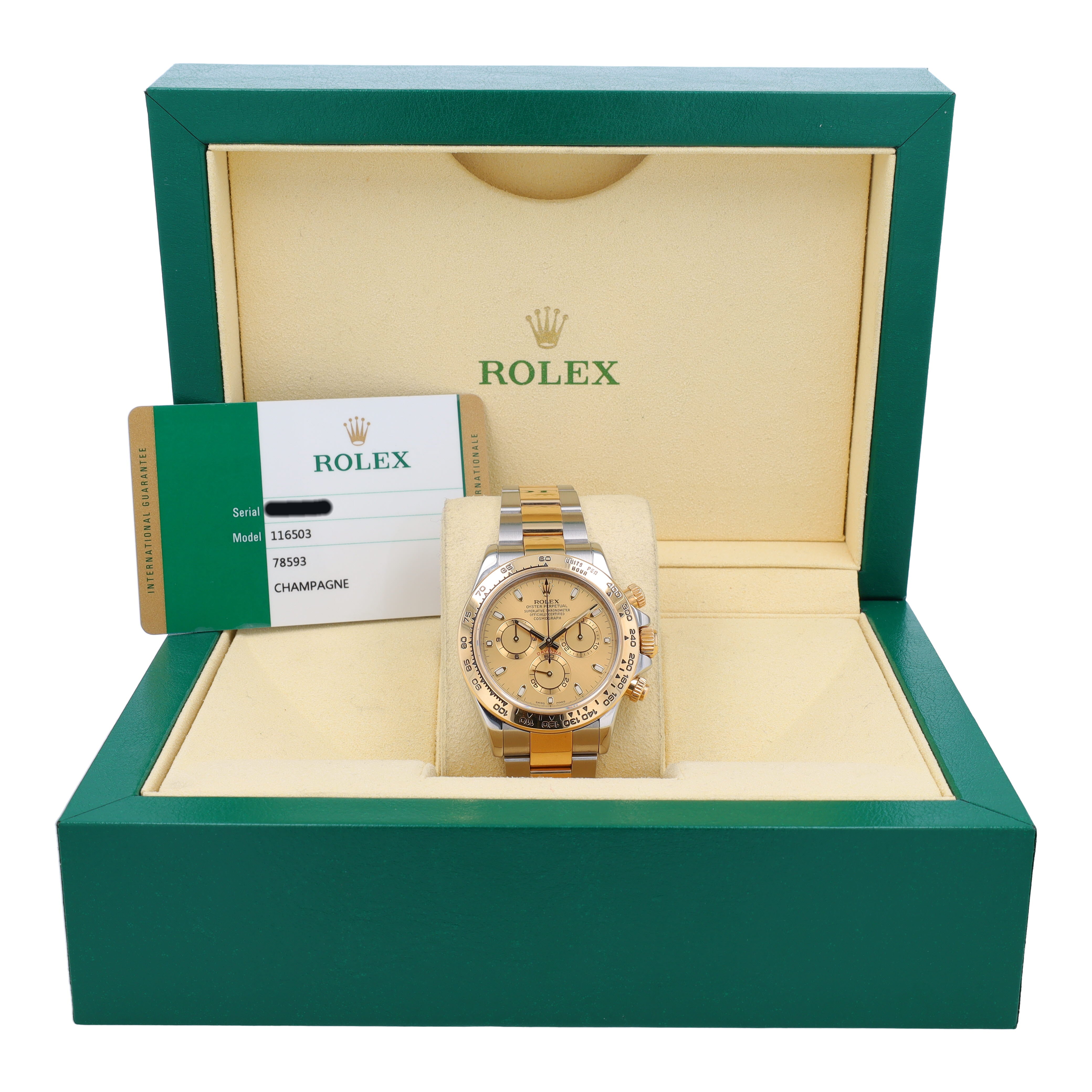 B&P Rolex Daytona 116503 40mm Champagne Luminous Dial Tachymeter Bezel Oyster Band - Luxuriant Concierge