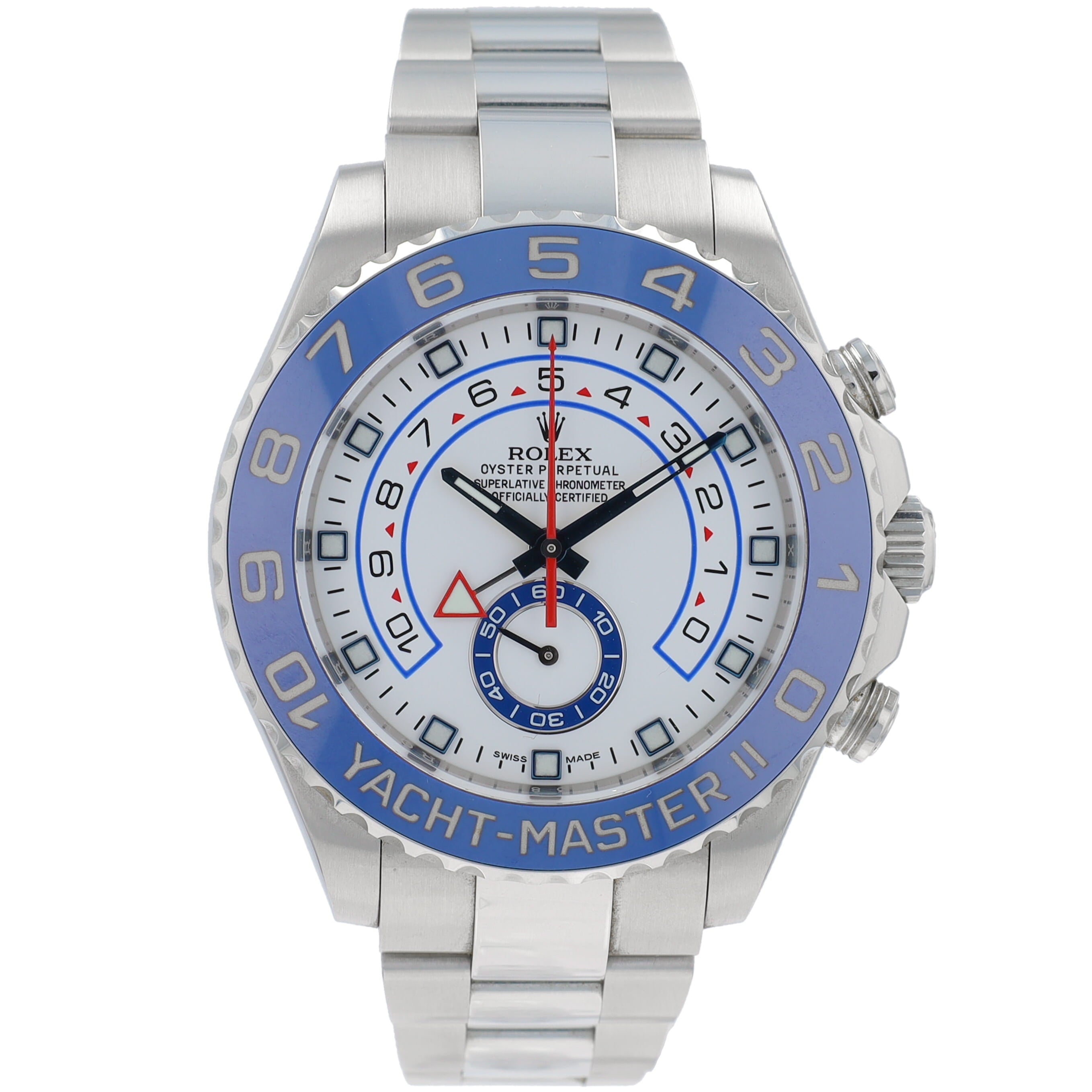 B&P Rolex Yacht-Master II 116680 44mm White Luminous Dial Rotating Bezel with Blue Insert Bezel Oyster Band - Luxuriant Concierge
