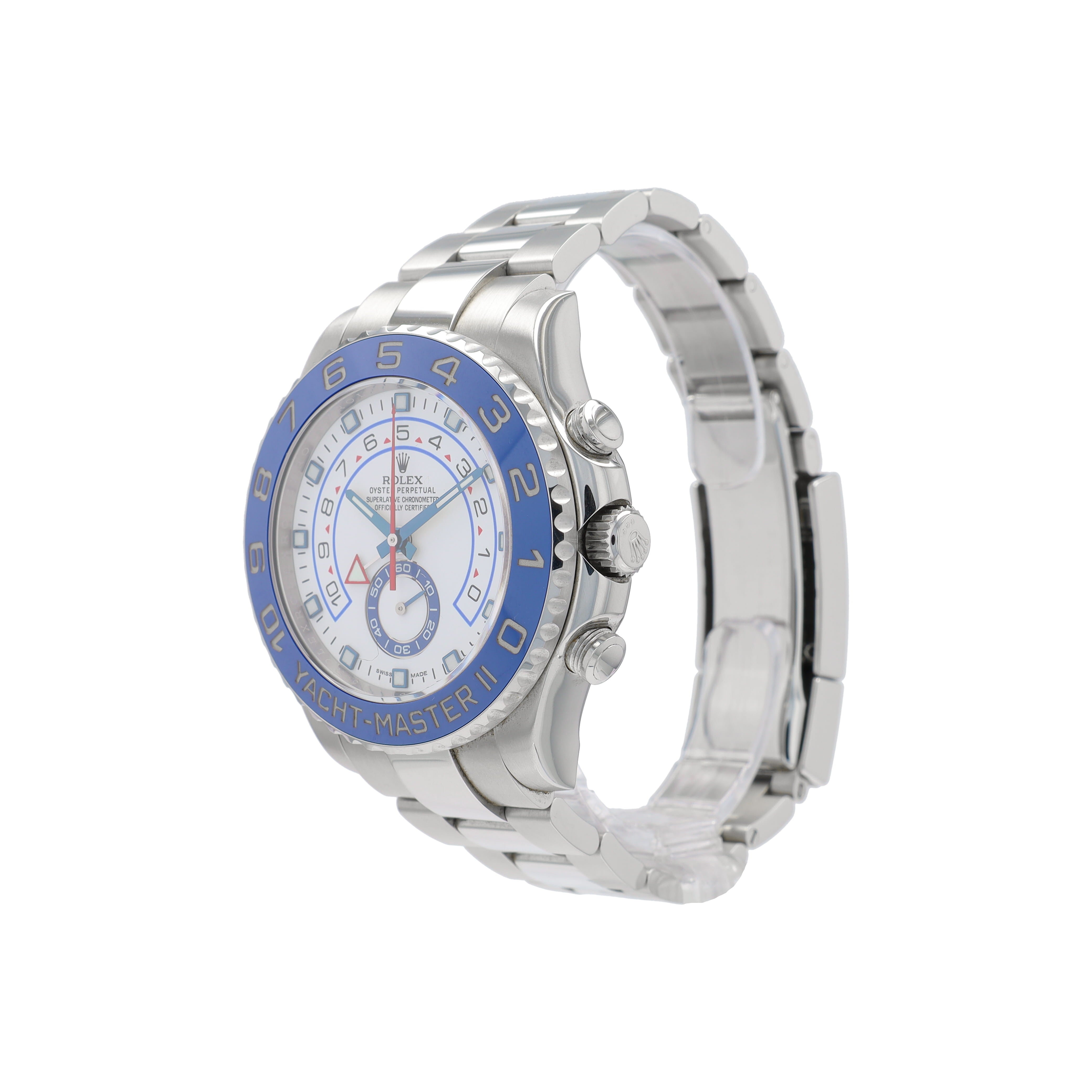B&P Rolex Yacht-Master II 116680 44mm White Luminous Dial Rotating Bezel with Blue Insert Bezel Oyster Band - Luxuriant Concierge