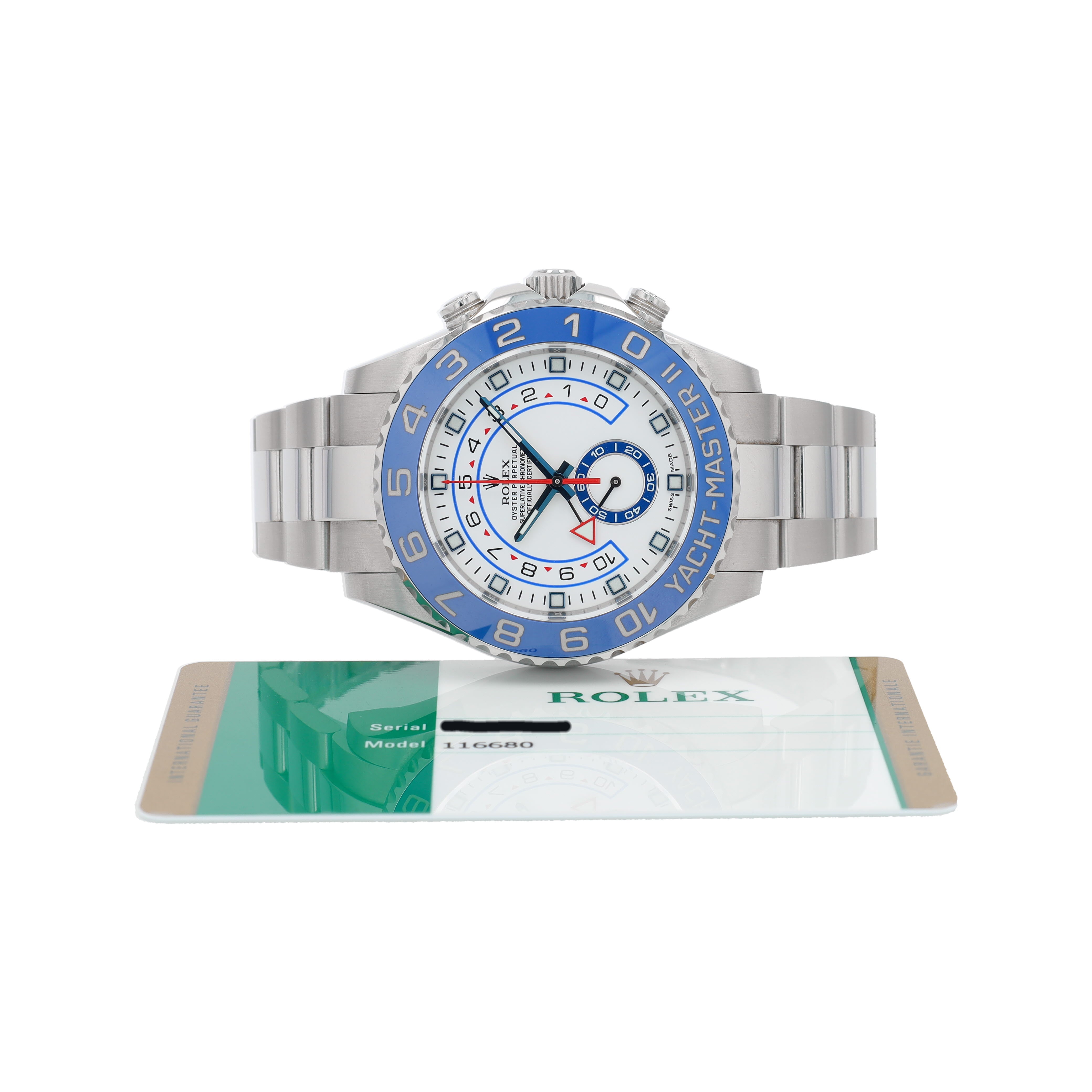 B&P Rolex Yacht-Master II 116680 44mm White Luminous Dial Rotating Bezel with Blue Insert Bezel Oyster Band - Luxuriant Concierge