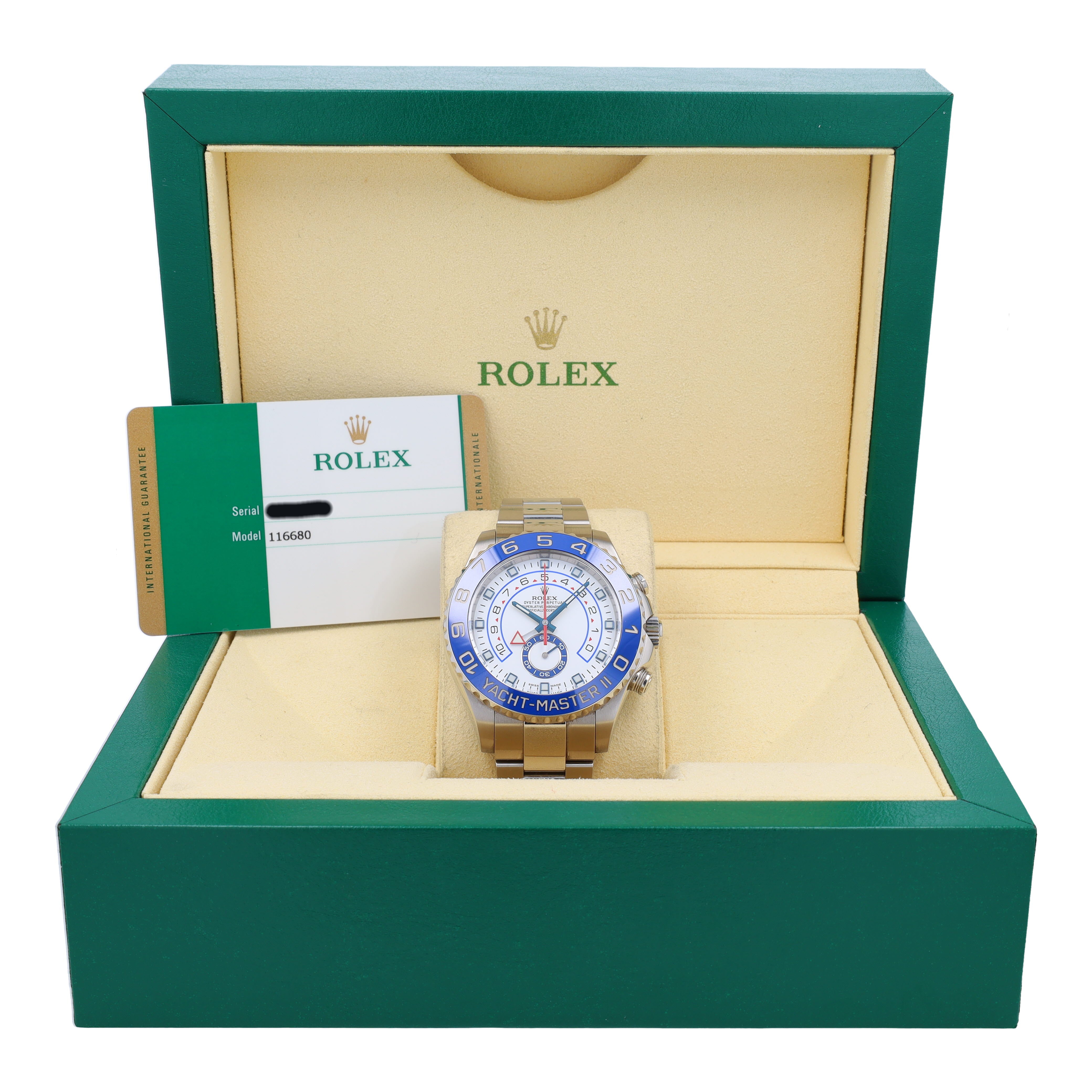 B&P Rolex Yacht-Master II 116680 44mm White Luminous Dial Rotating Bezel with Blue Insert Bezel Oyster Band - Luxuriant Concierge