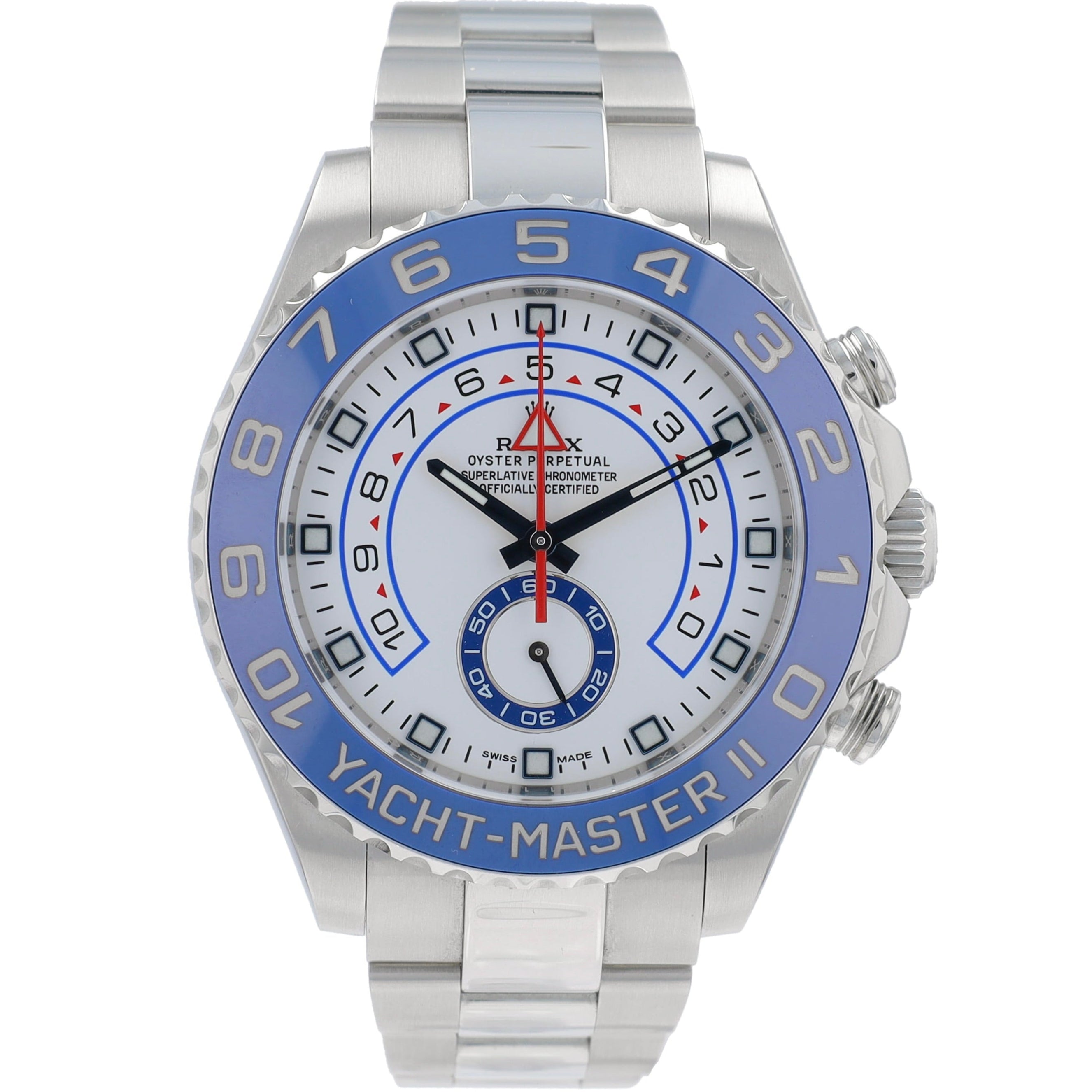 B&P Rolex Yacht-Master II 116680 44mm White Luminous Dial Rotating Bezel with Blue Insert Bezel Oyster Band - Luxuriant Concierge