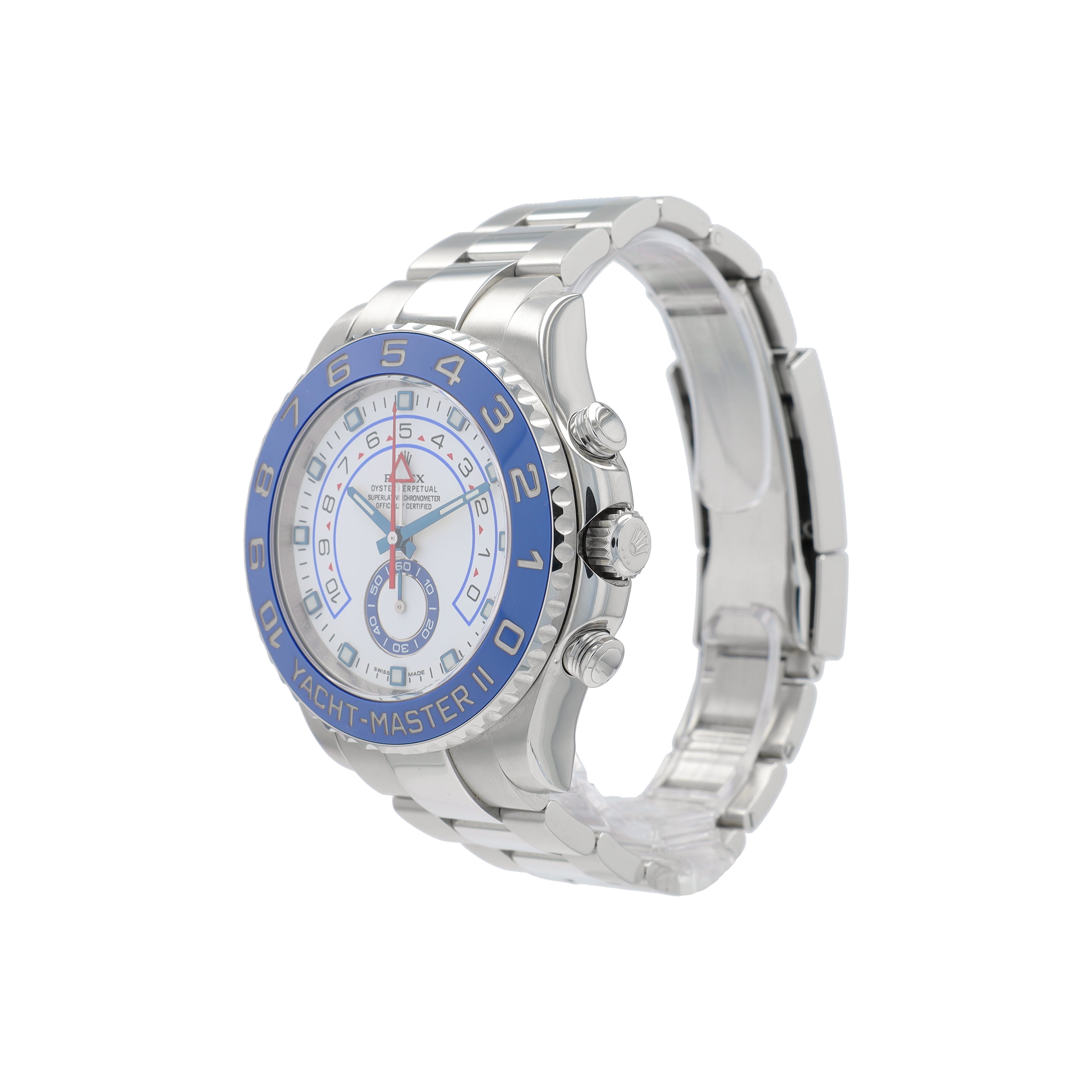 B&P Rolex Yacht-Master II 116680 44mm White Luminous Dial Rotating Bezel with Blue Insert Bezel Oyster Band - Luxuriant Concierge