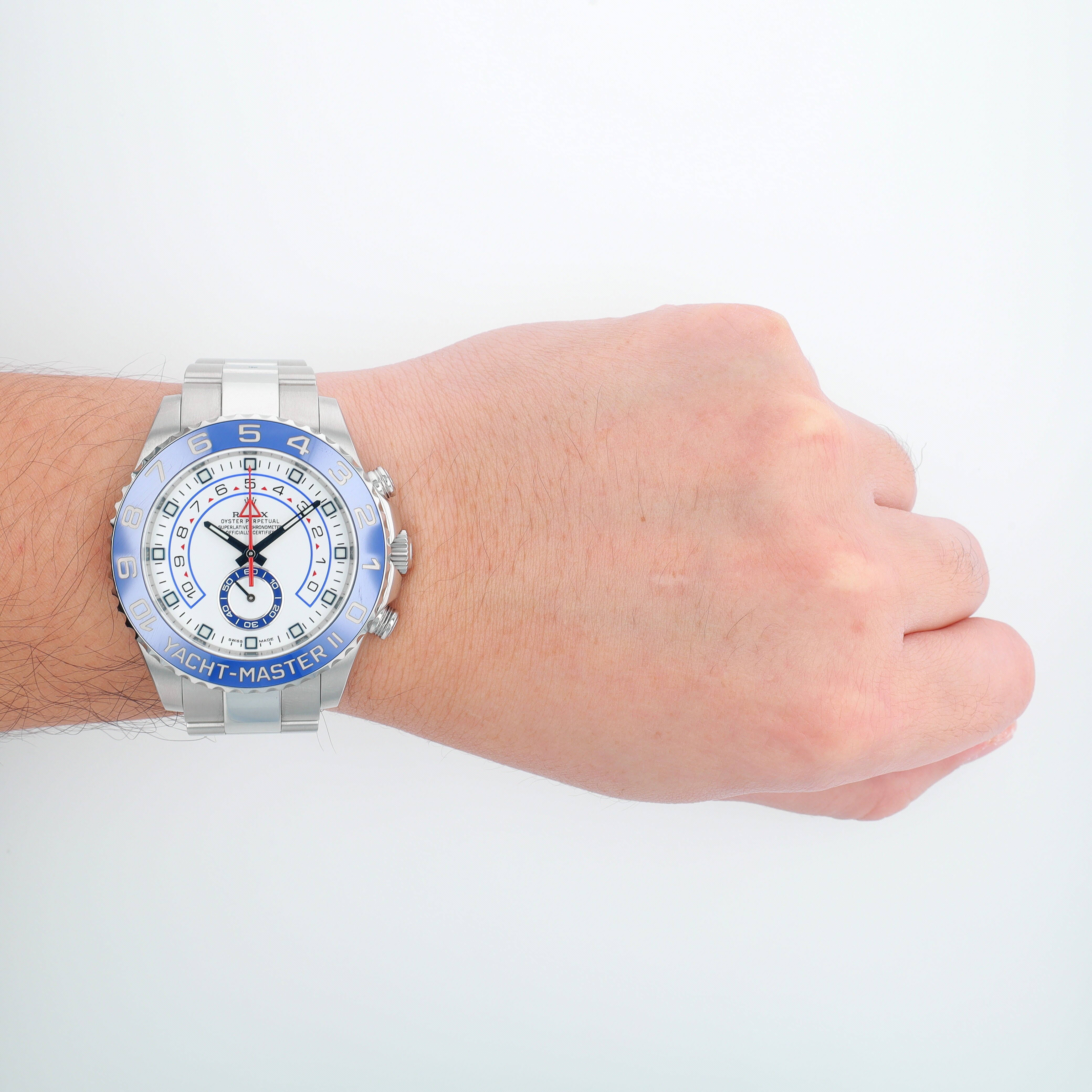 B&P Rolex Yacht-Master II 116680 44mm White Luminous Dial Rotating Bezel with Blue Insert Bezel Oyster Band - Luxuriant Concierge