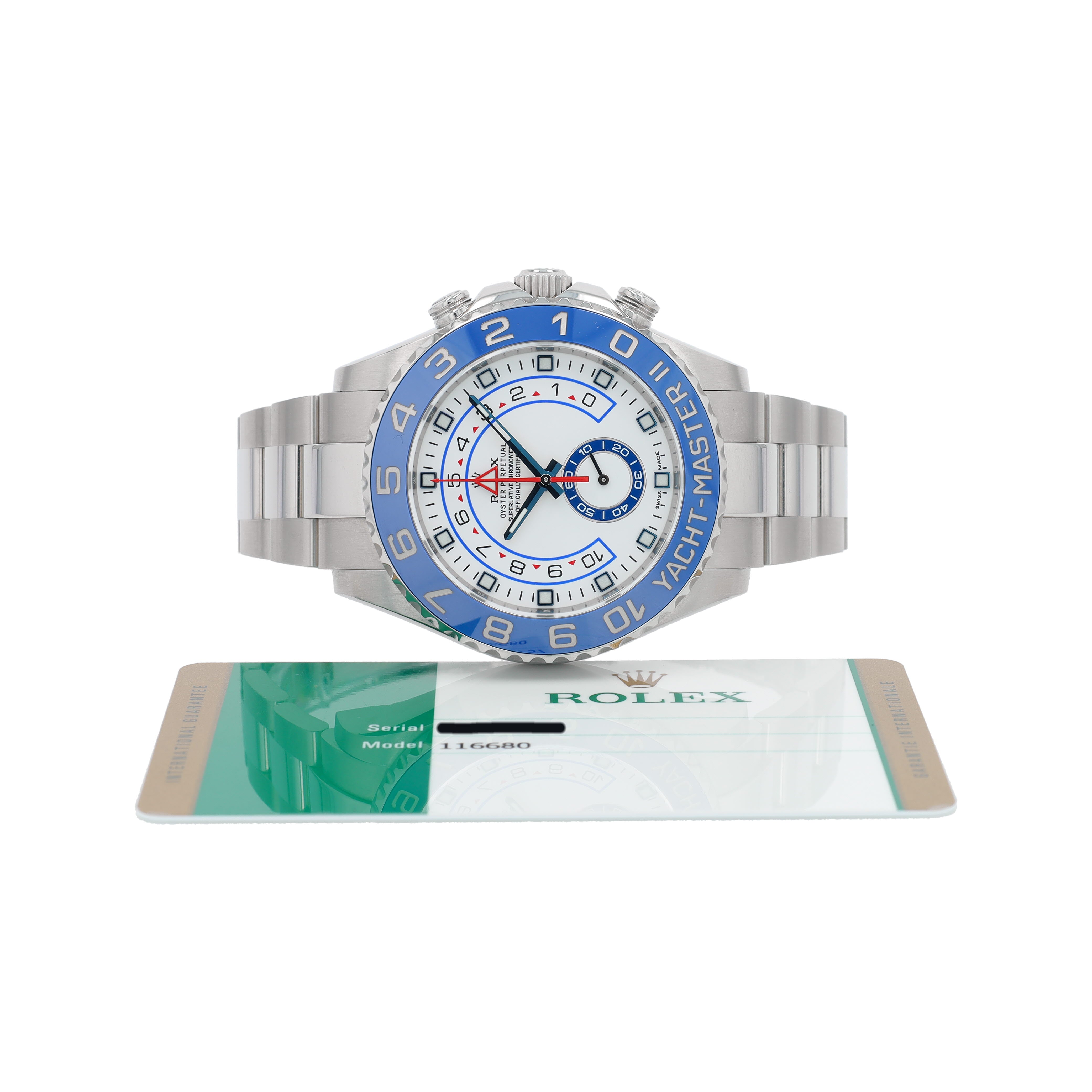 B&P Rolex Yacht-Master II 116680 44mm White Luminous Dial Rotating Bezel with Blue Insert Bezel Oyster Band - Luxuriant Concierge