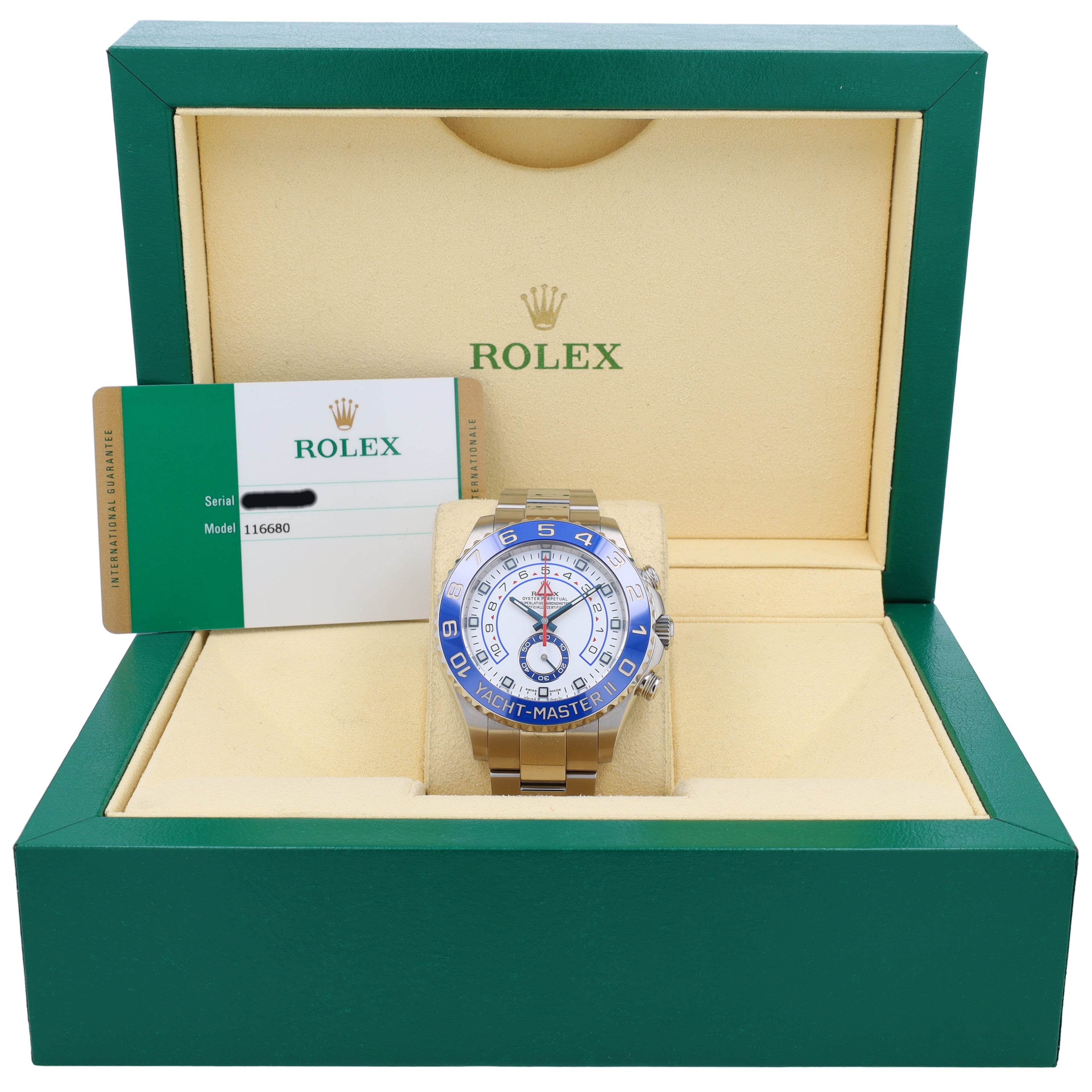 B&P Rolex Yacht-Master II 116680 44mm White Luminous Dial Rotating Bezel with Blue Insert Bezel Oyster Band - Luxuriant Concierge