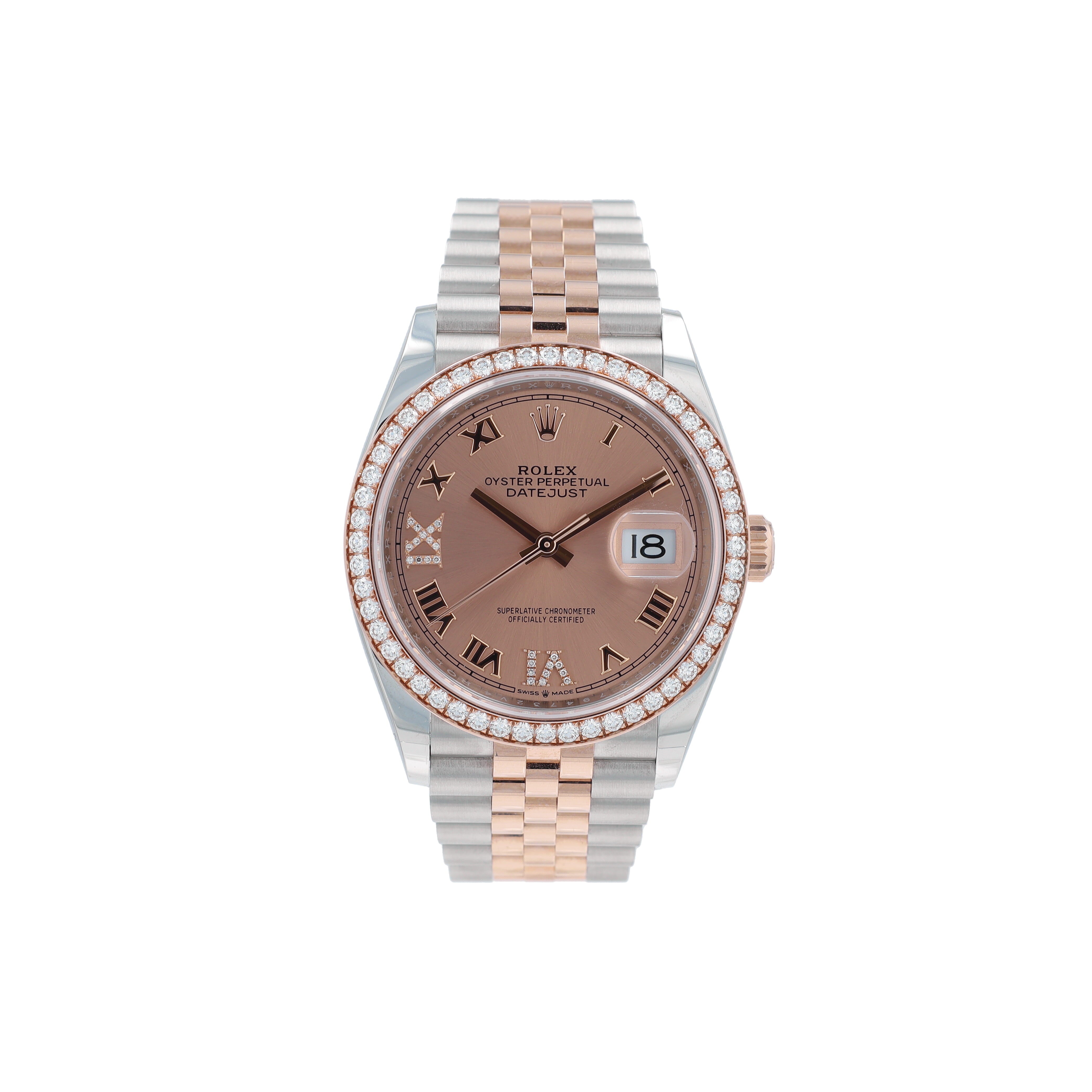 B&P Rolex Datejust 126281 36mm Salmon Roman IV & IX Diamond Dial Diamond Bezel Bezel Jubilee Band - Luxuriant Concierge