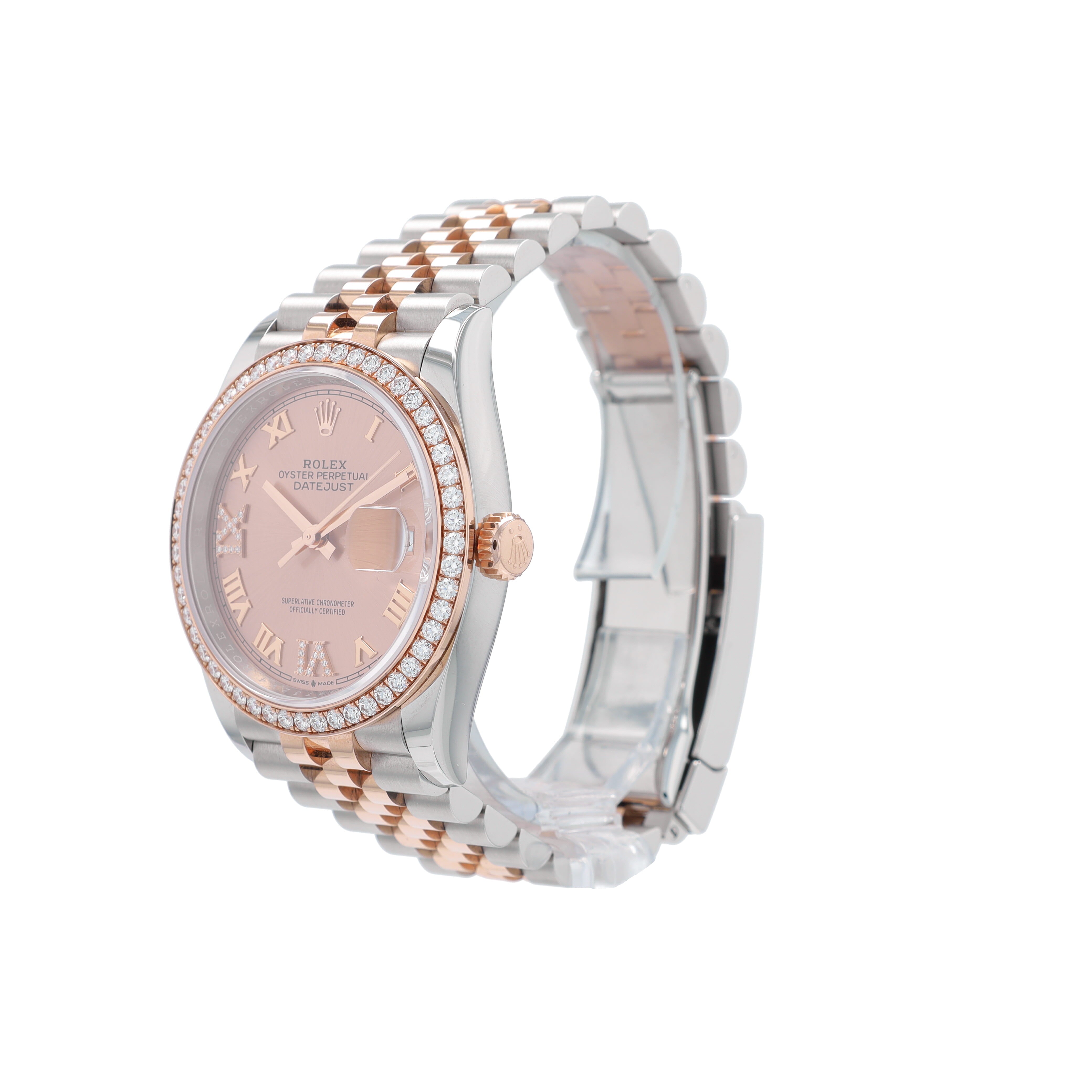 B&P Rolex Datejust 126281 36mm Salmon Roman IV & IX Diamond Dial Diamond Bezel Bezel Jubilee Band - Luxuriant Concierge