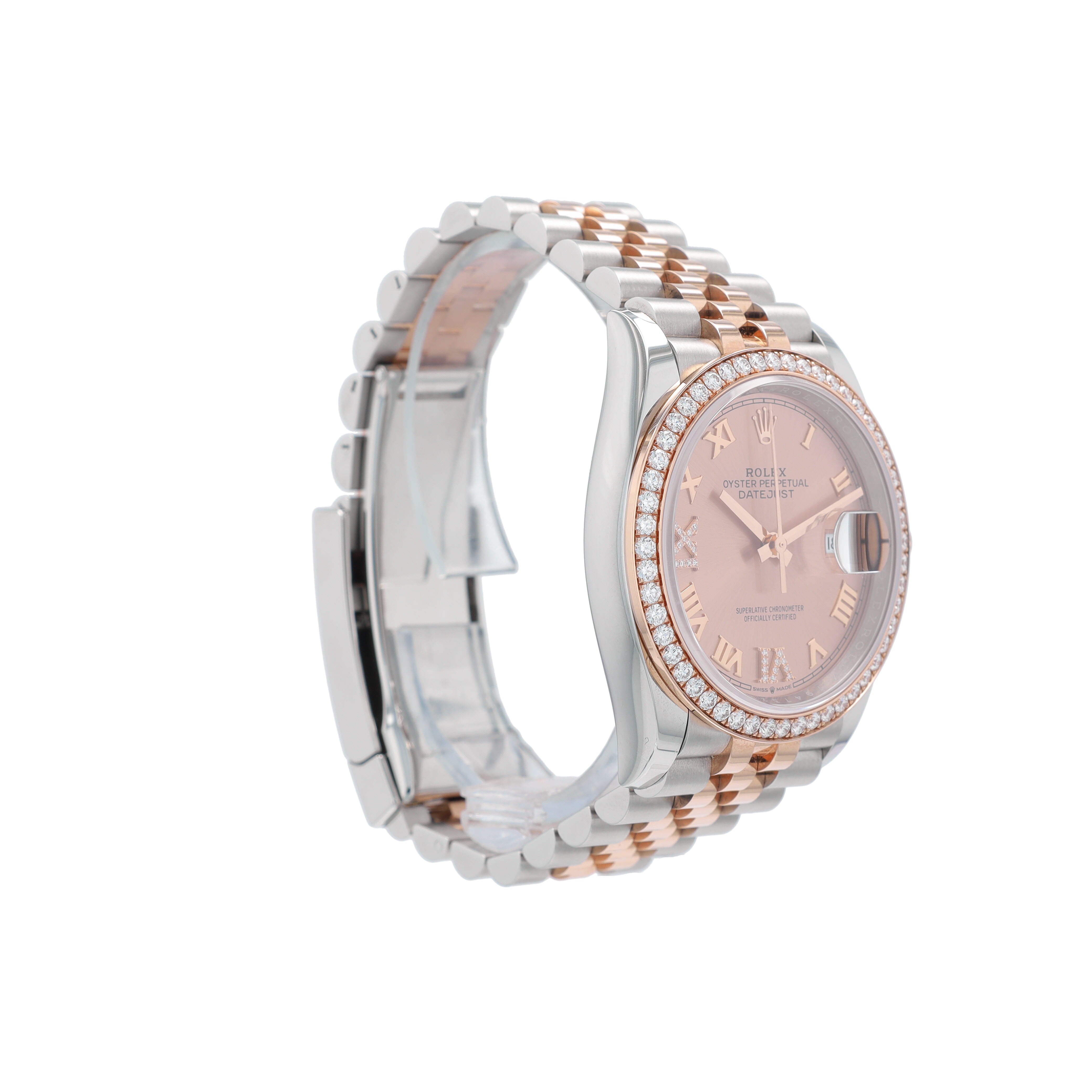 B&P Rolex Datejust 126281 36mm Salmon Roman IV & IX Diamond Dial Diamond Bezel Bezel Jubilee Band - Luxuriant Concierge
