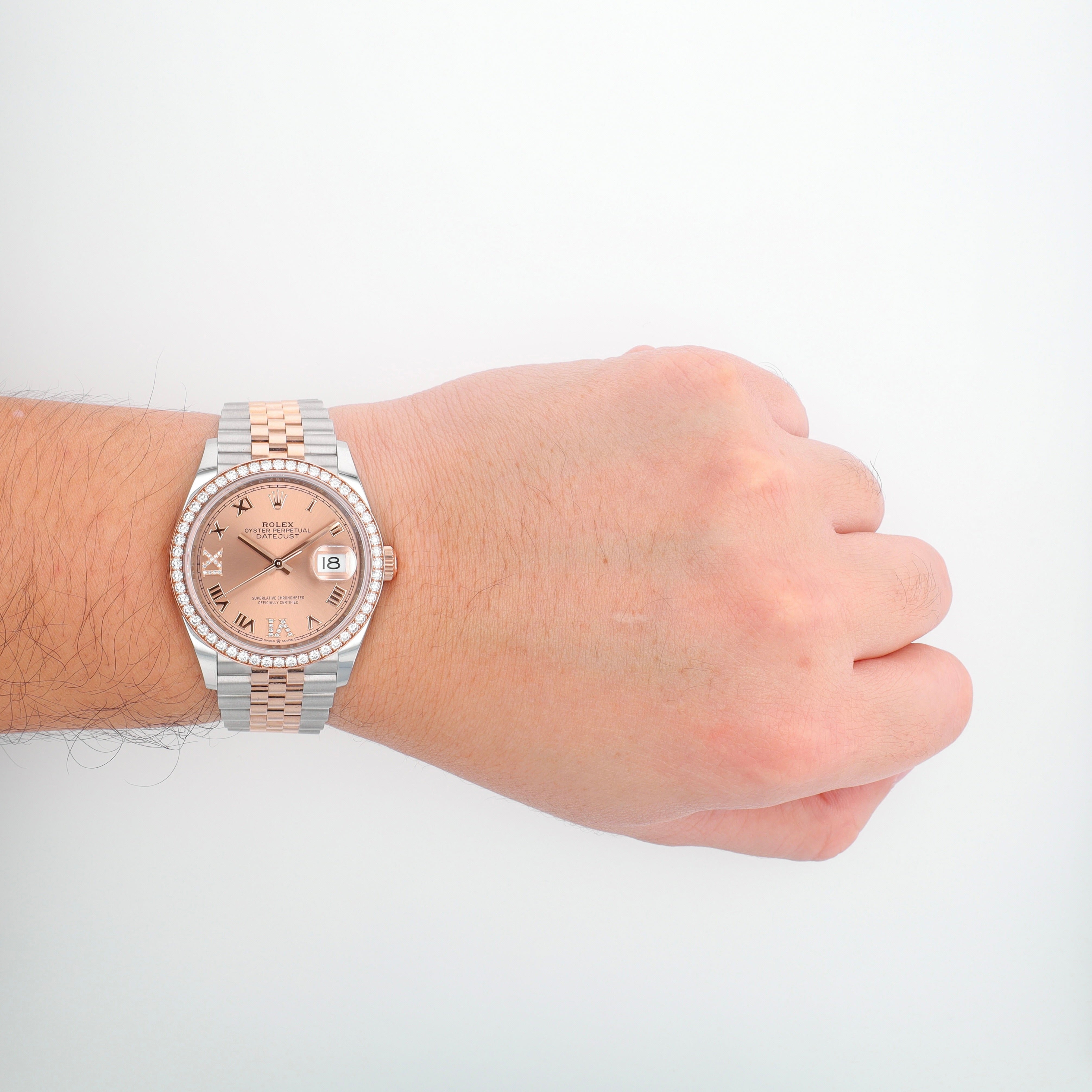 B&P Rolex Datejust 126281 36mm Salmon Roman IV & IX Diamond Dial Diamond Bezel Bezel Jubilee Band - Luxuriant Concierge