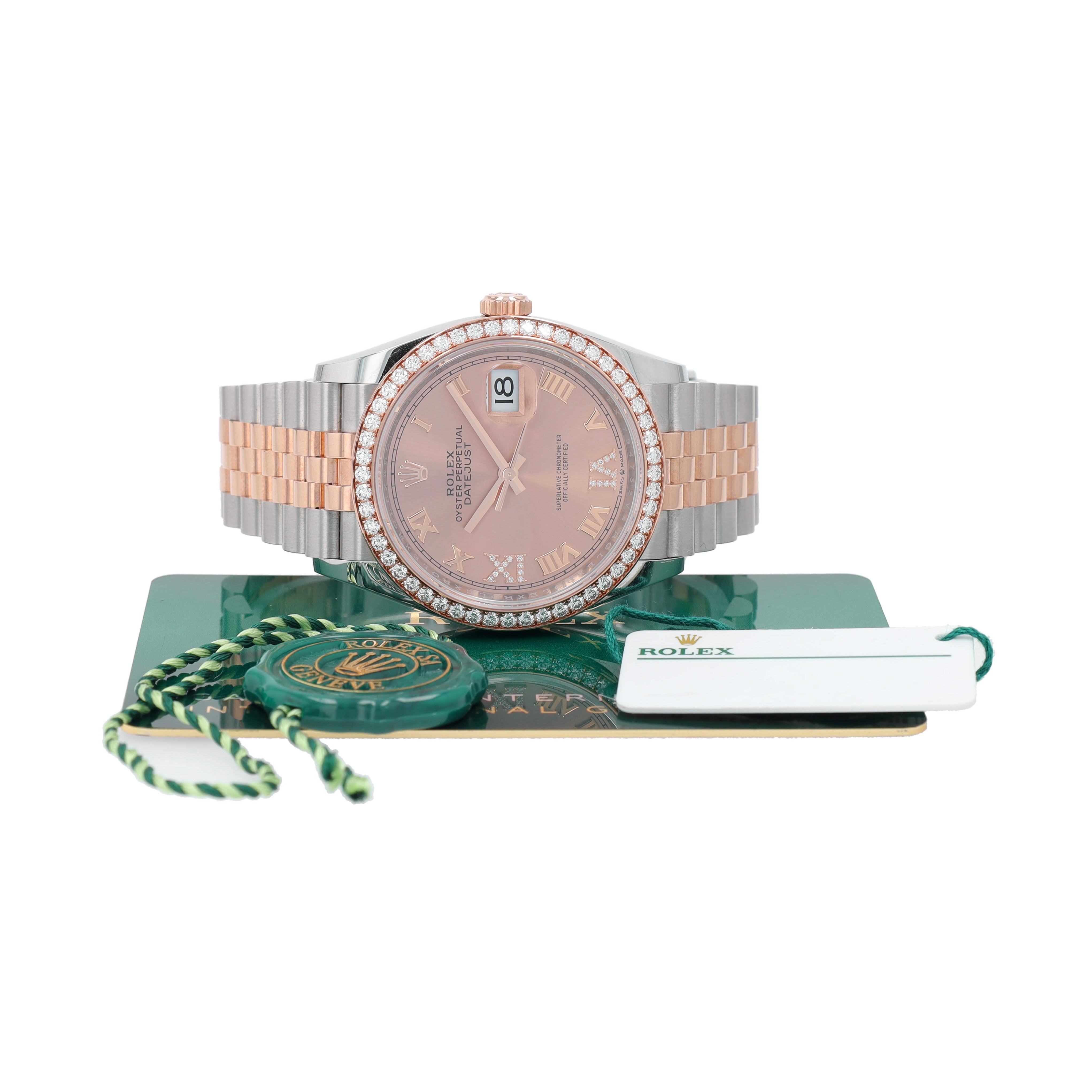 B&P Rolex Datejust 126281 36mm Salmon Roman IV & IX Diamond Dial Diamond Bezel Bezel Jubilee Band - Luxuriant Concierge