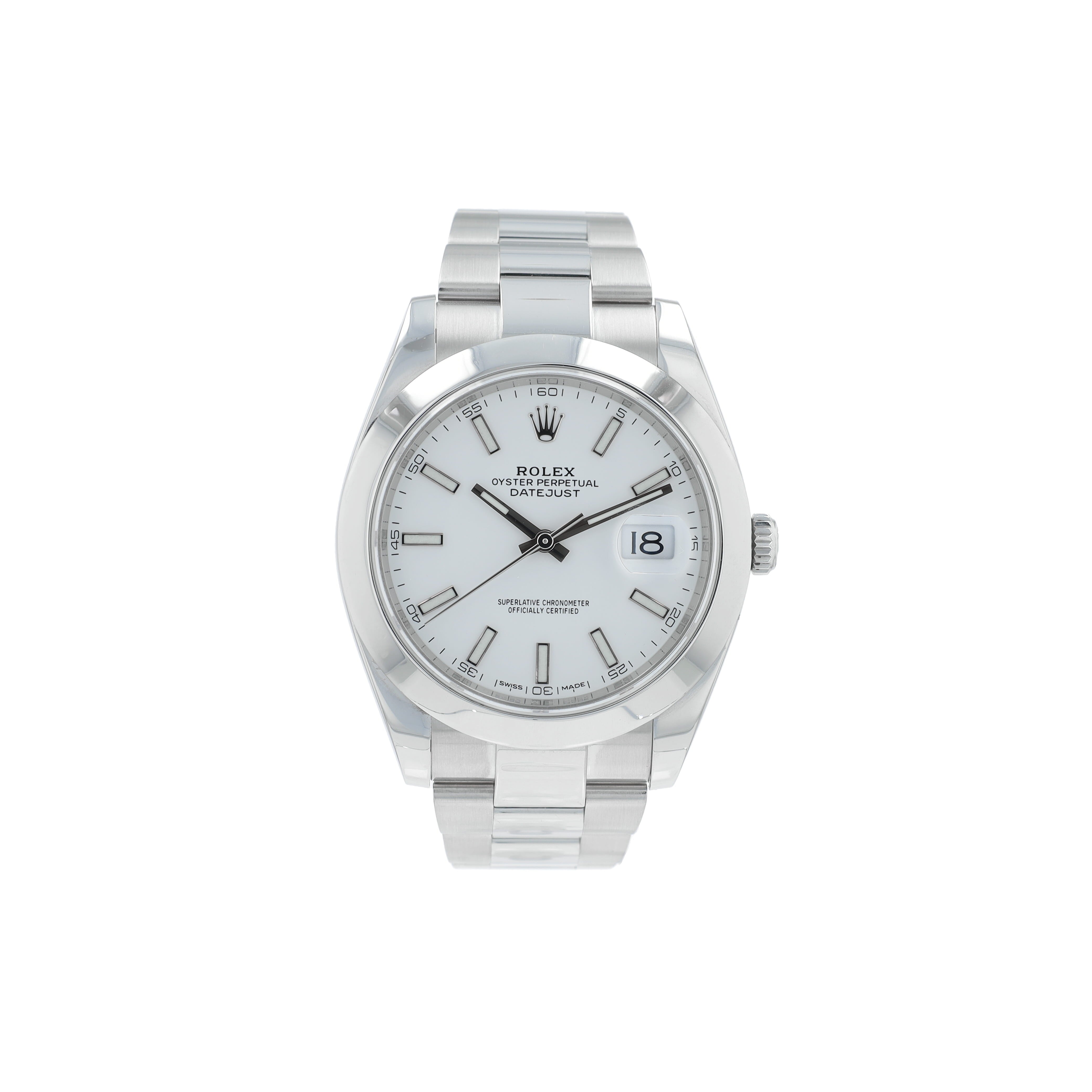 B&P Rolex Datejust 126300 41mm White Luminous Index Dial Smooth Bezel Oyster Band - Luxuriant Concierge