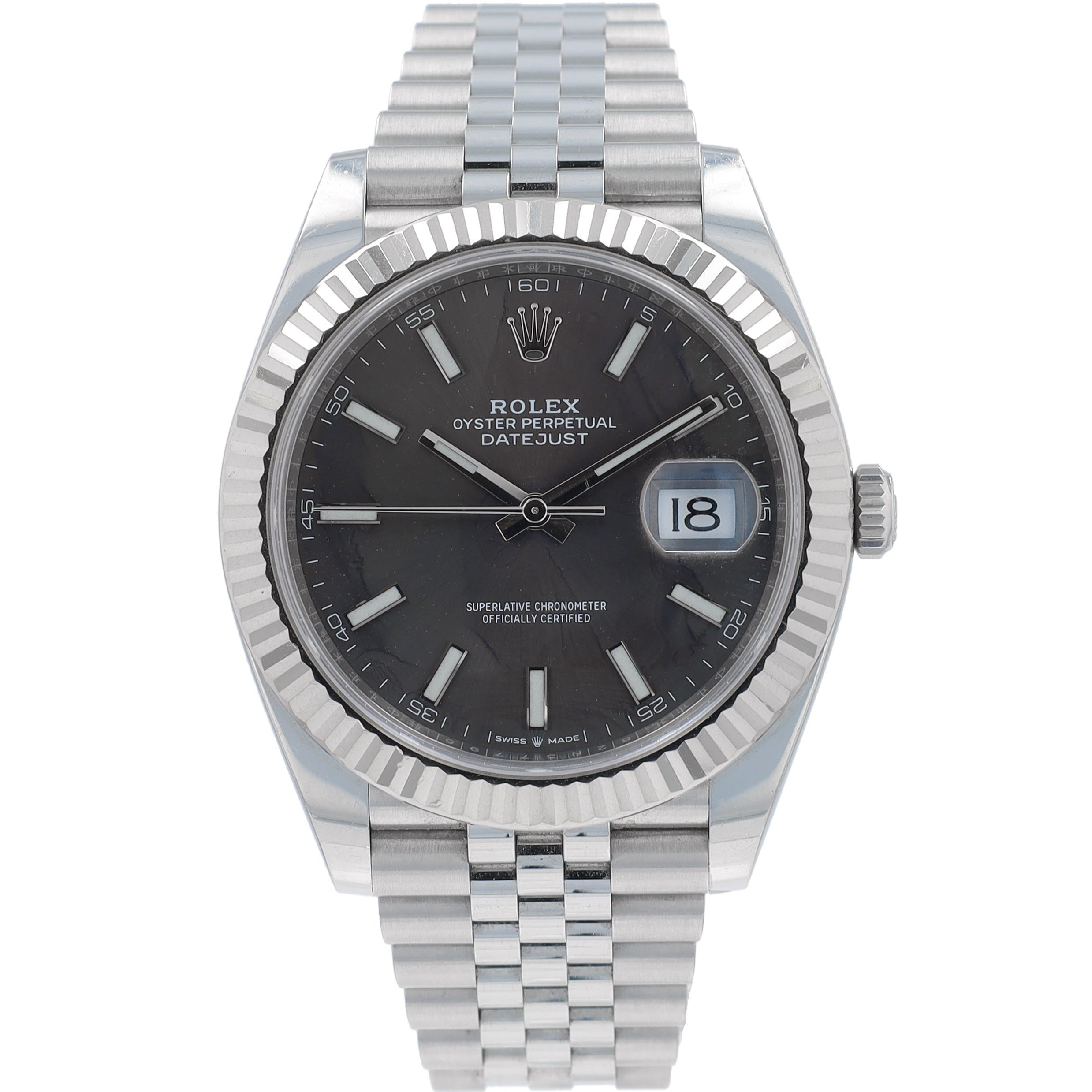 B&P Rolex Datejust 126334 41mm Grey luminous Index Dial Fluted Bezel Jubilee Band - Luxuriant Concierge