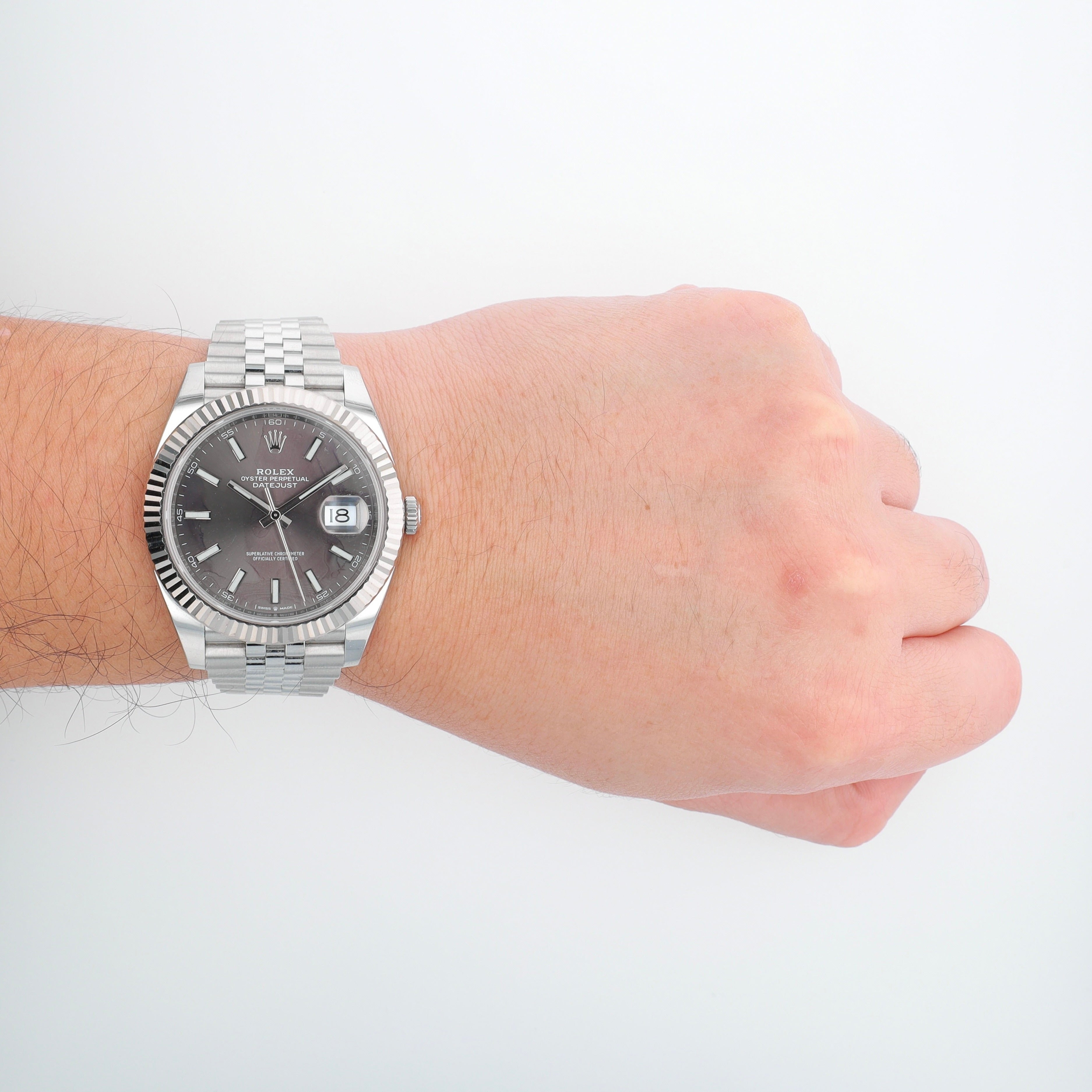 B&P Rolex Datejust 126334 41mm Grey luminous Index Dial Fluted Bezel Jubilee Band - Luxuriant Concierge