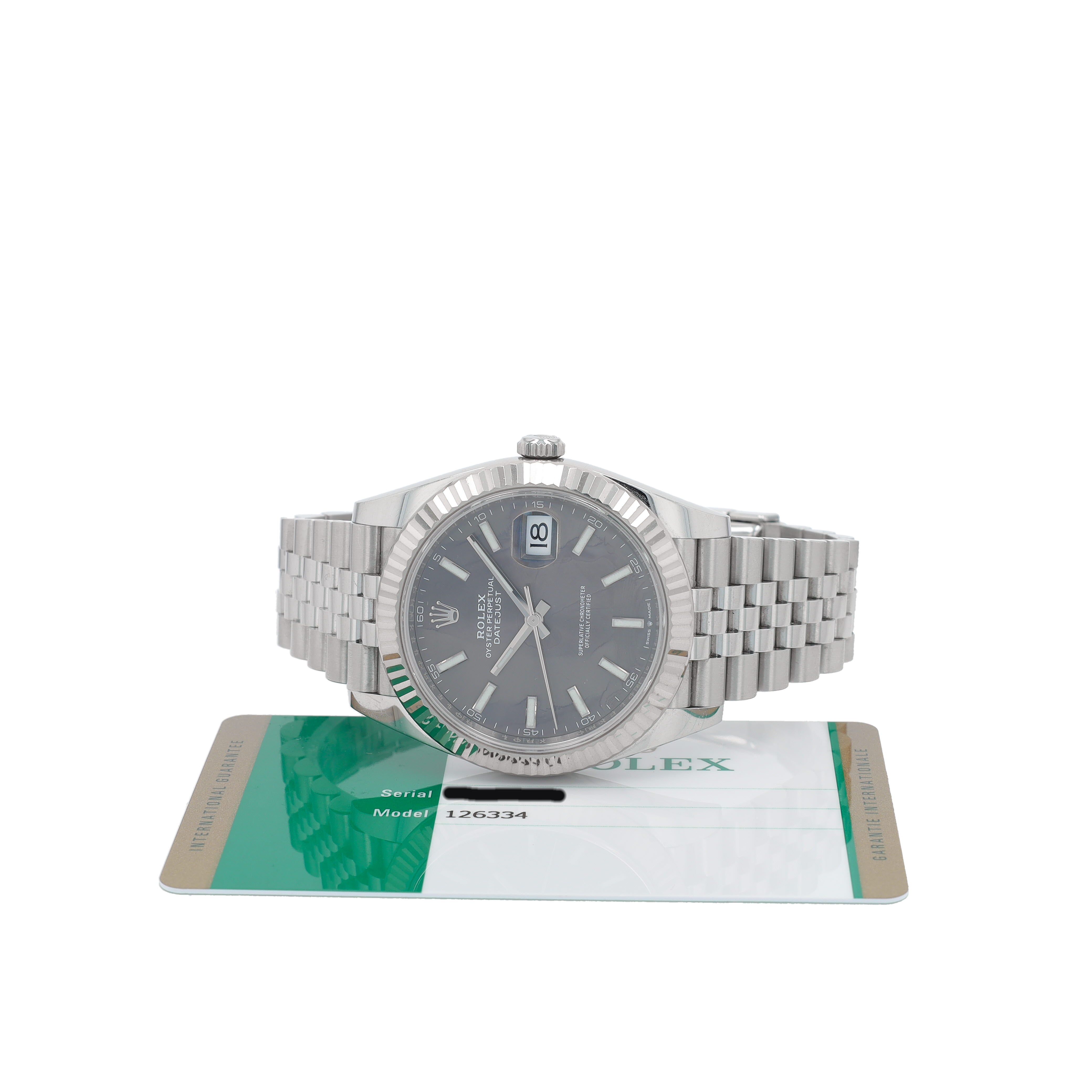 B&P Rolex Datejust 126334 41mm Grey luminous Index Dial Fluted Bezel Jubilee Band - Luxuriant Concierge