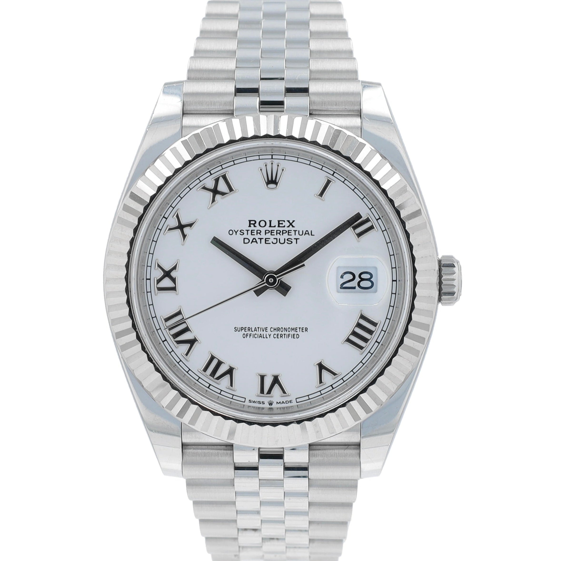B&P Rolex Datejust 41 126334 41mm White Roman Numeral Dial Fluted Bezel Jubilee Band - Luxuriant Concierge