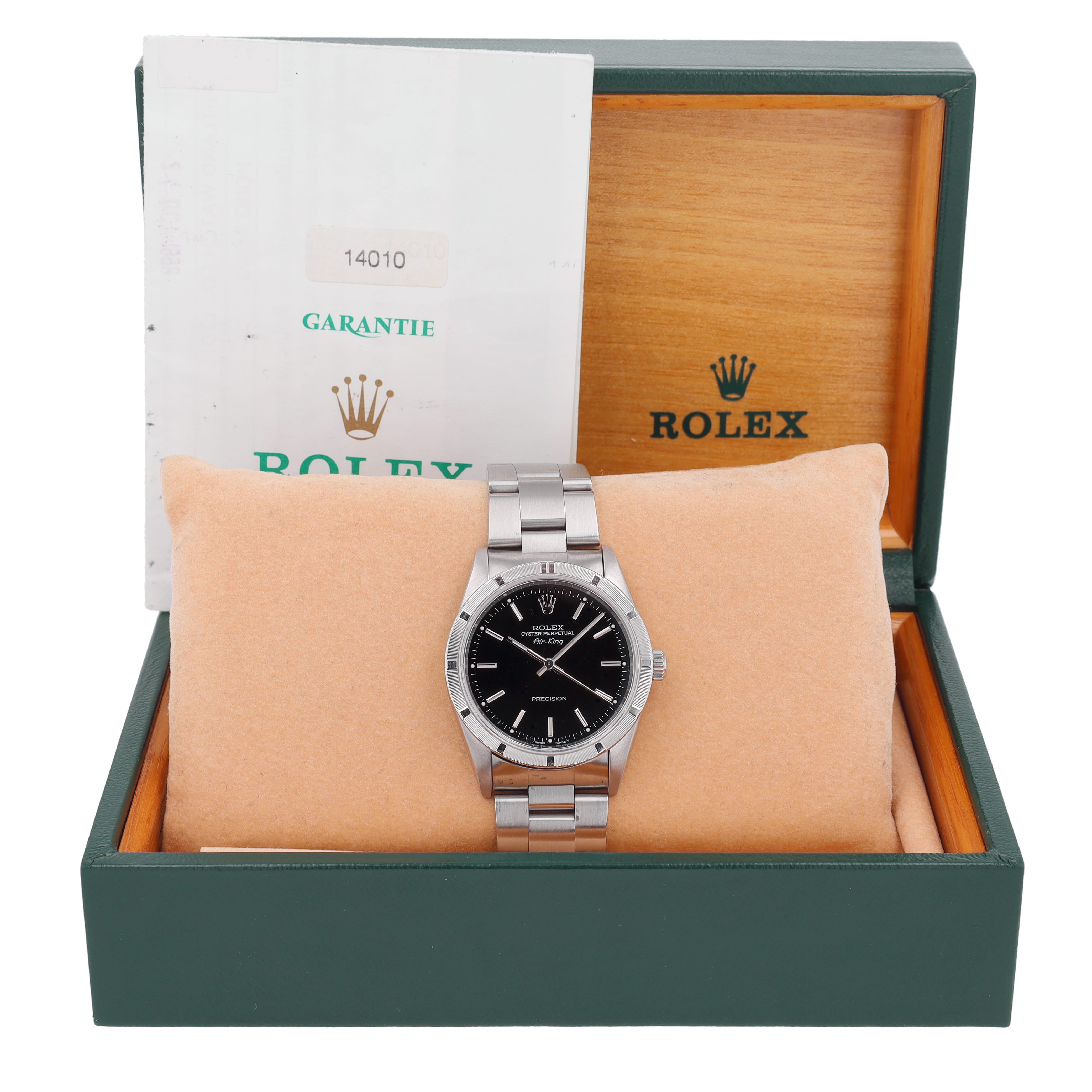 B&P Rolex Air-King 14010 34mm Black Index Dial Engine Turned Bezel Oyster Band - Luxuriant Concierge