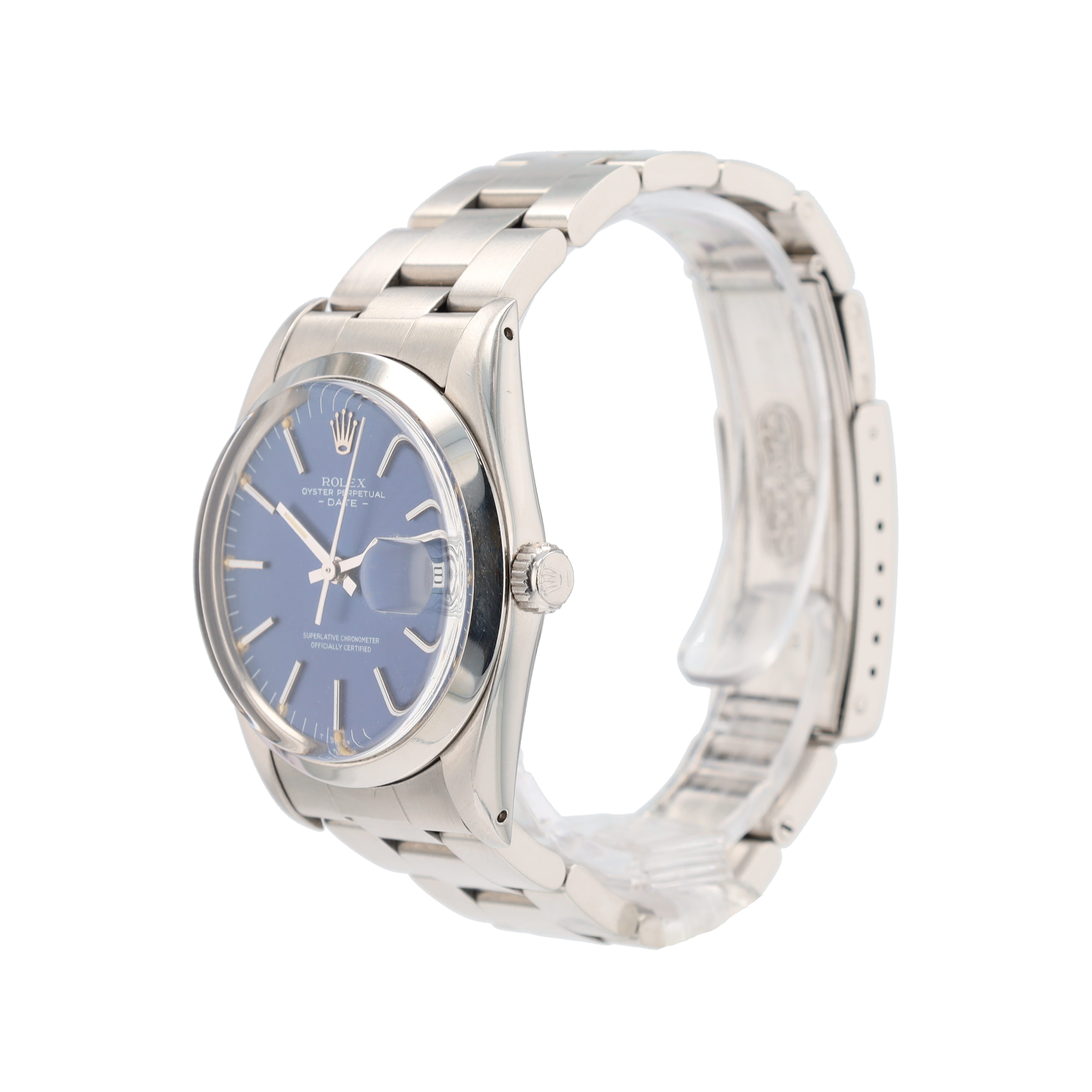 Rolex Date 1500 34mm Blue Violet Index Dial Smooth Bezel Oyster Band - Luxuriant Concierge