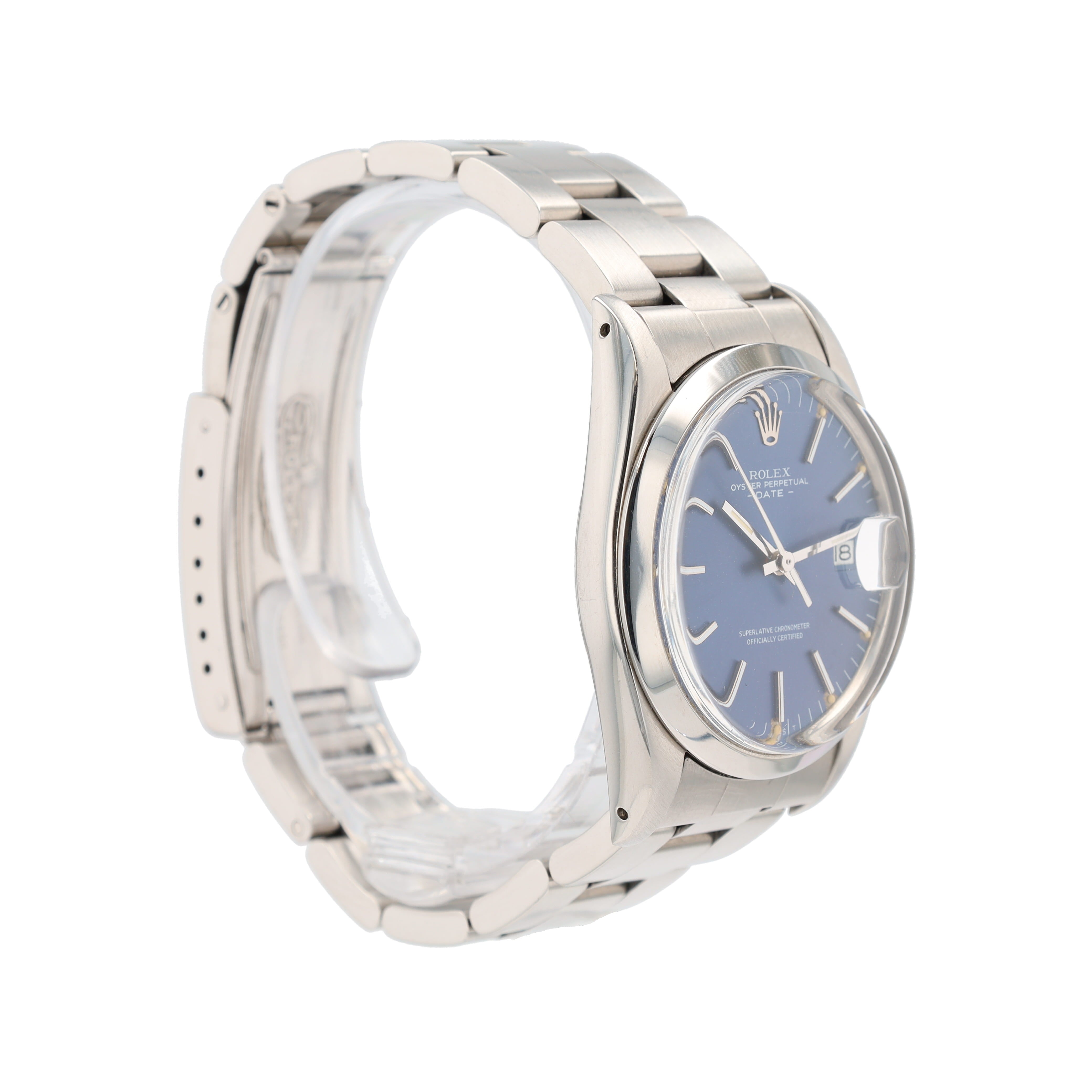 Rolex Date 1500 34mm Blue Violet Index Dial Smooth Bezel Oyster Band - Luxuriant Concierge