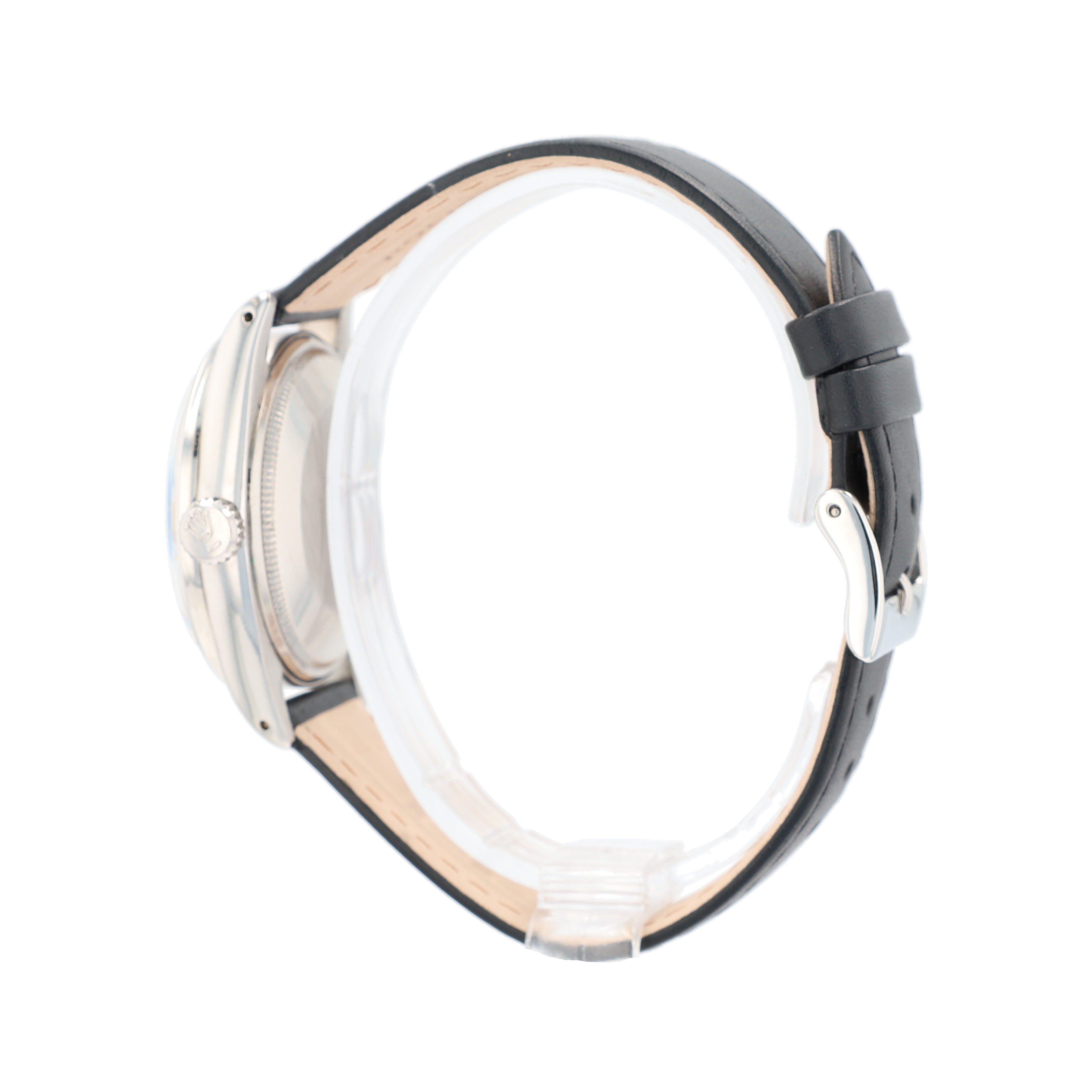 Rolex Date 1501 36mm Silver Index Dial Engine-Turned Bezel Black Band - Luxuriant Concierge