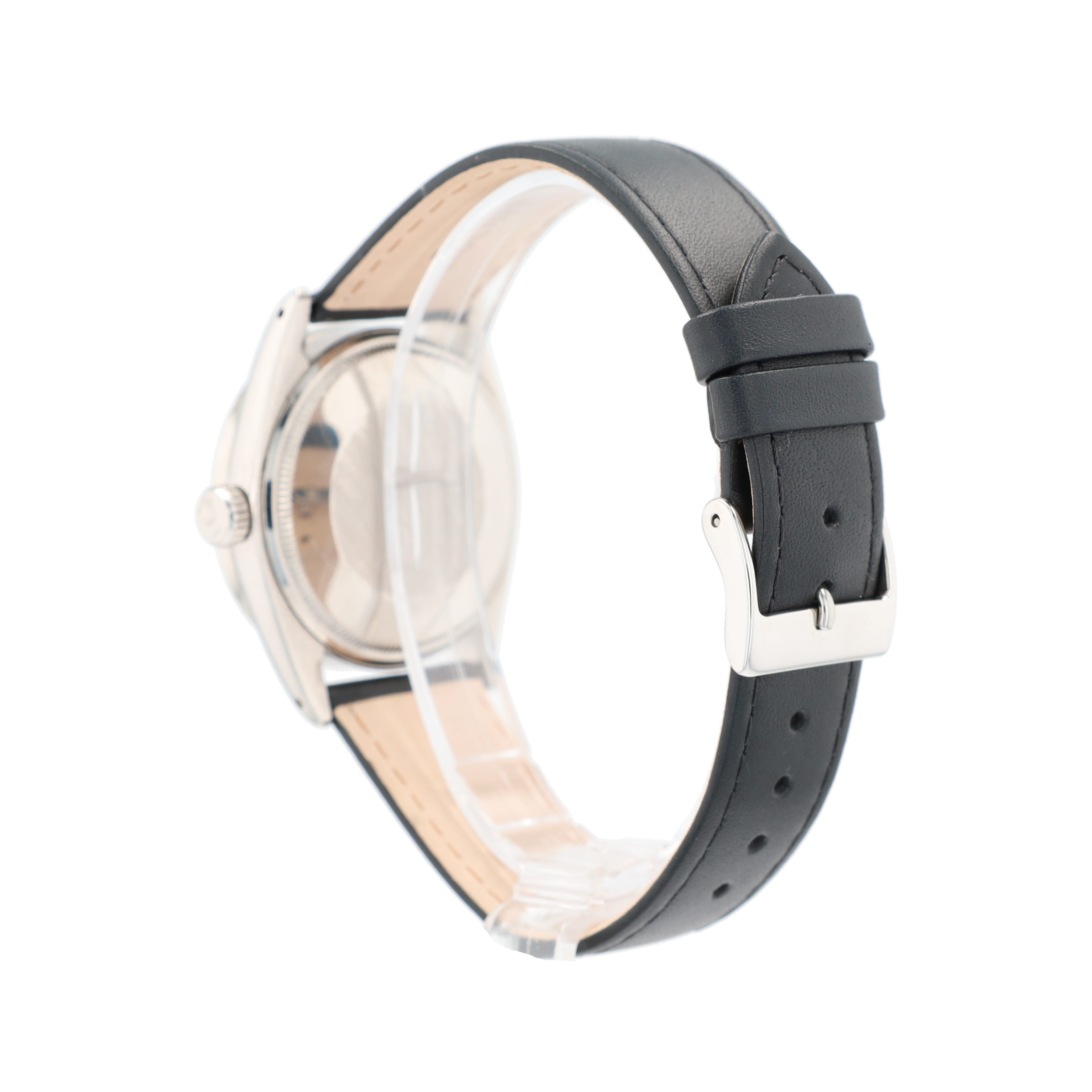 Rolex Date 1501 36mm Silver Index Dial Engine-Turned Bezel Black Band - Luxuriant Concierge