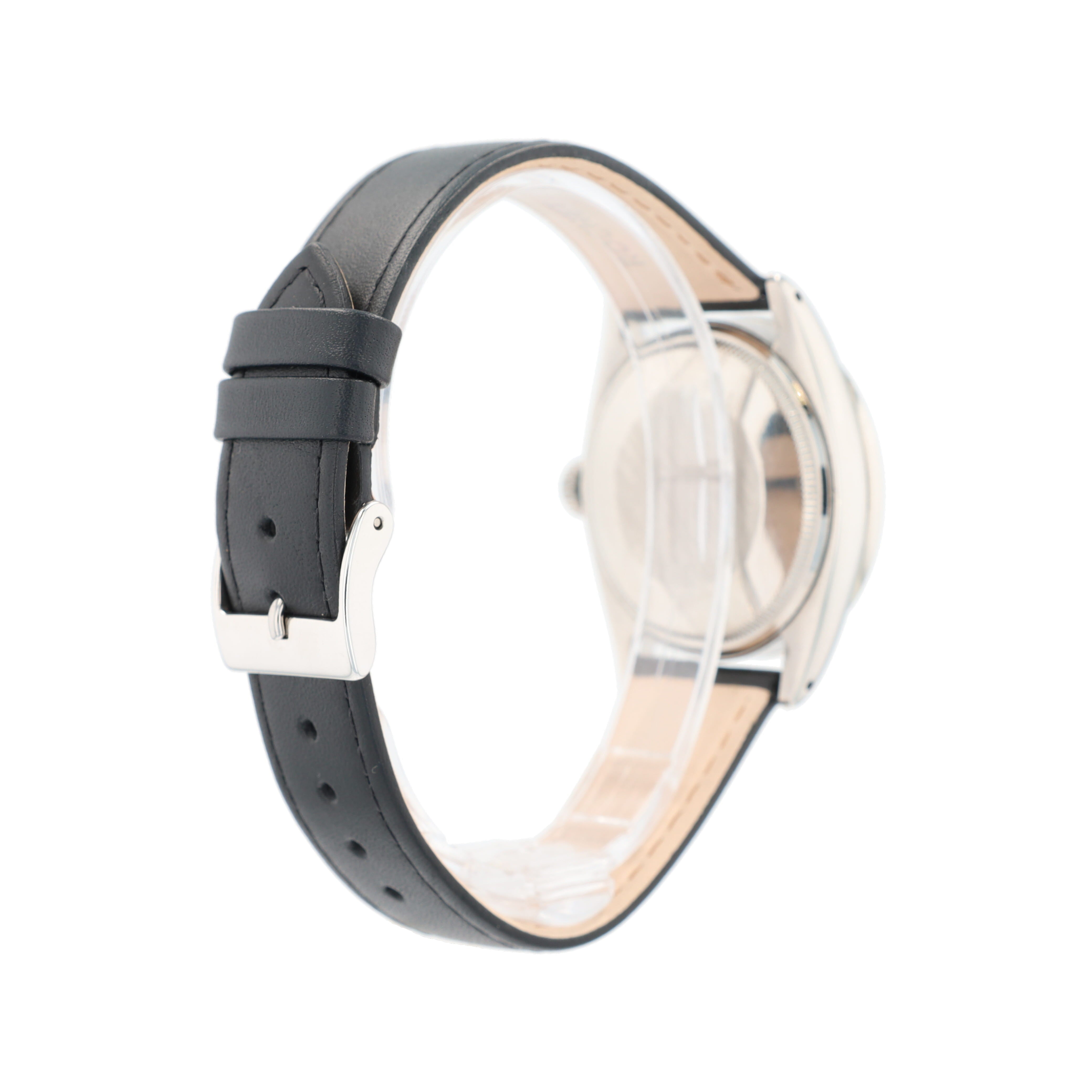 Rolex Date 1501 36mm Silver Index Dial Engine-Turned Bezel Black Band - Luxuriant Concierge