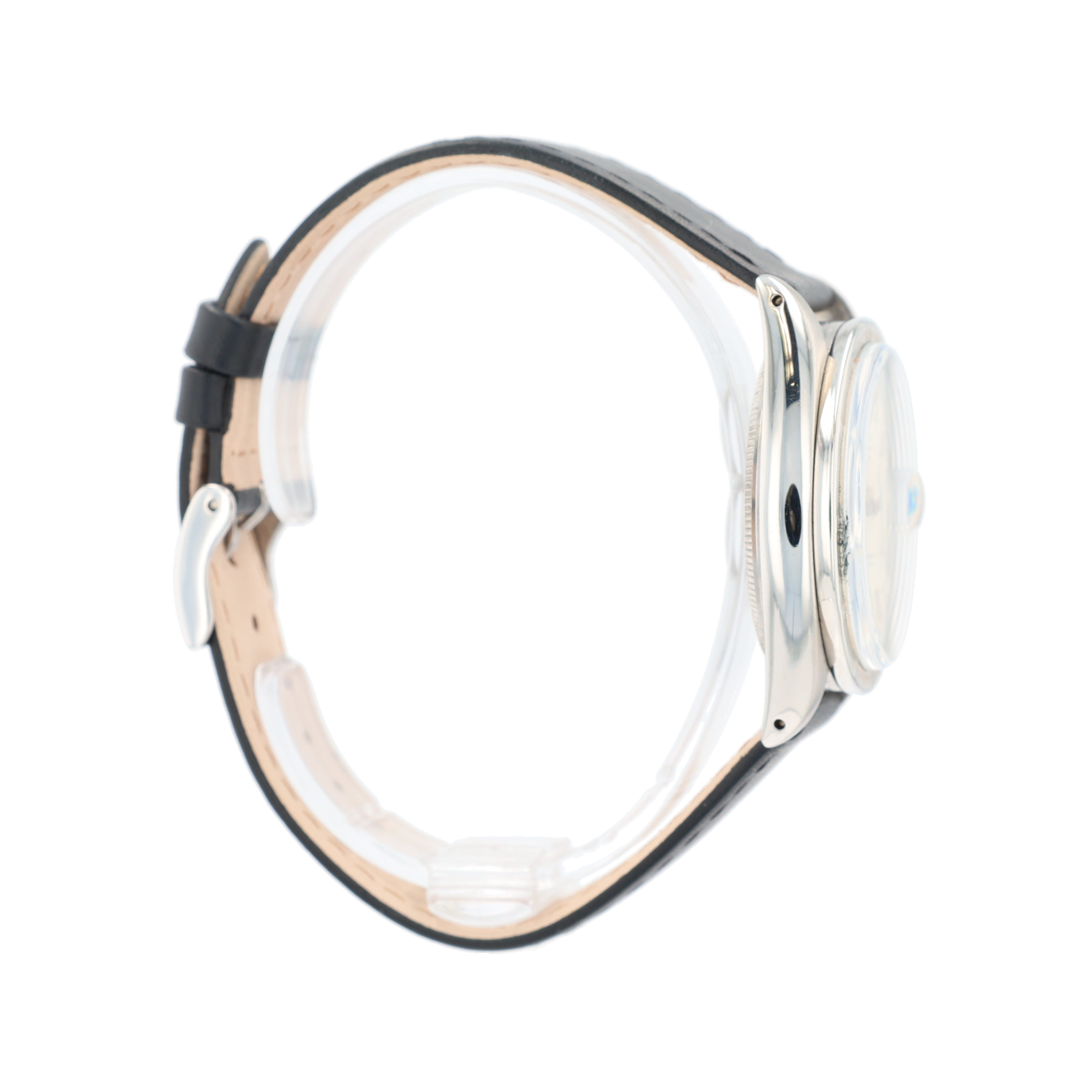 Rolex Date 1501 36mm Silver Index Dial Engine-Turned Bezel Black Band - Luxuriant Concierge