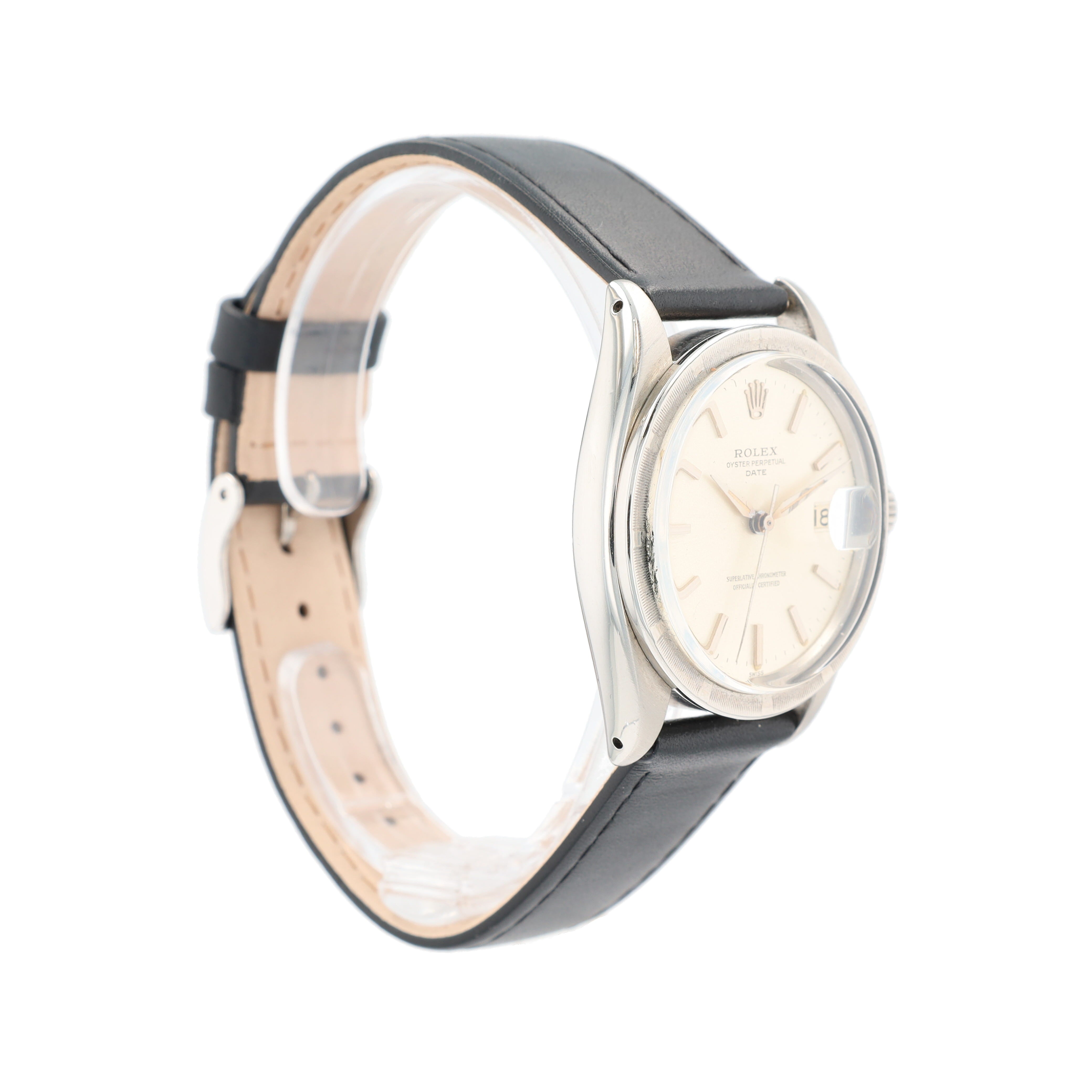 Rolex Date 1501 36mm Silver Index Dial Engine-Turned Bezel Black Band - Luxuriant Concierge