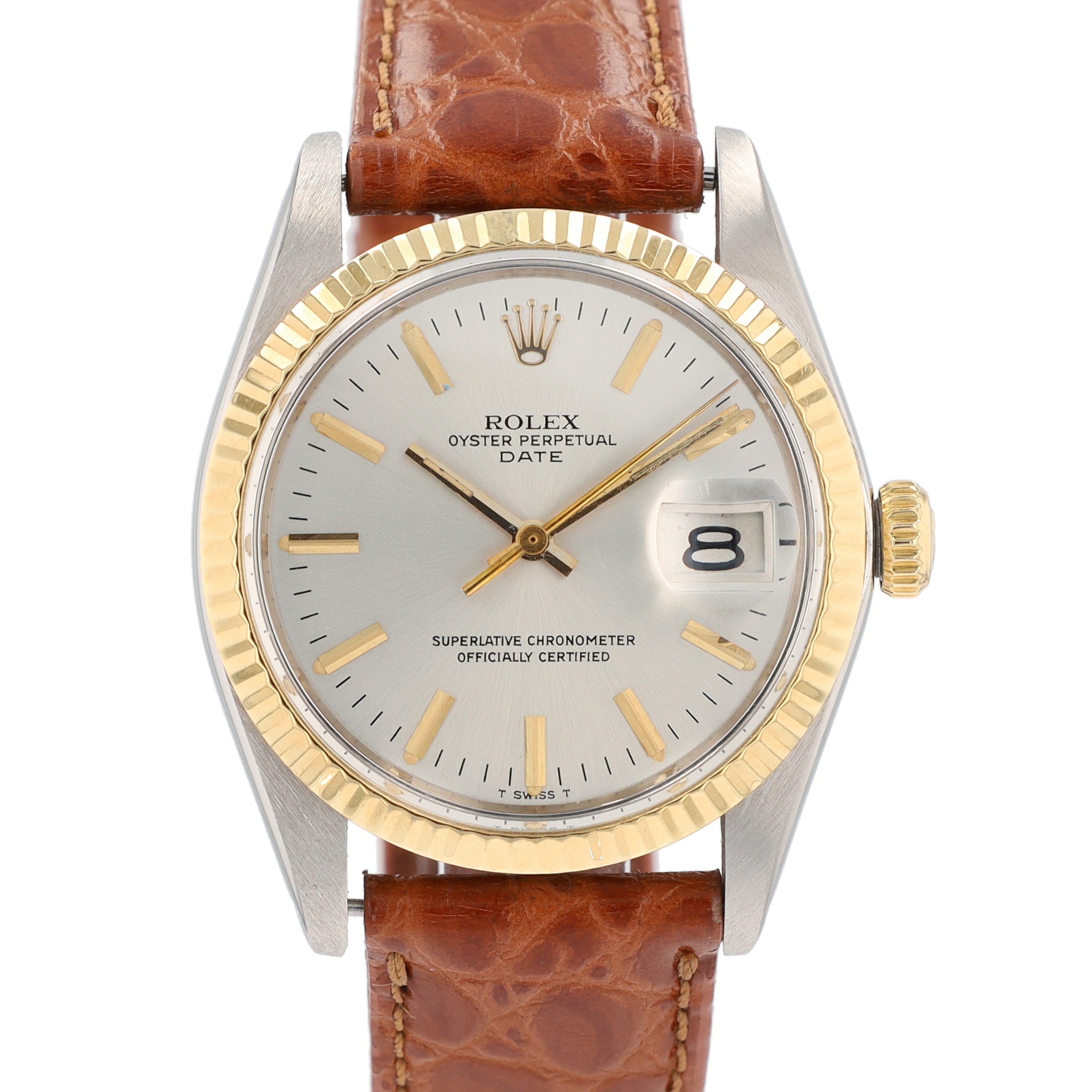 Rolex Date 1501 34mm Silver Index Dial Fluted Bezel leather Band - Luxuriant Concierge