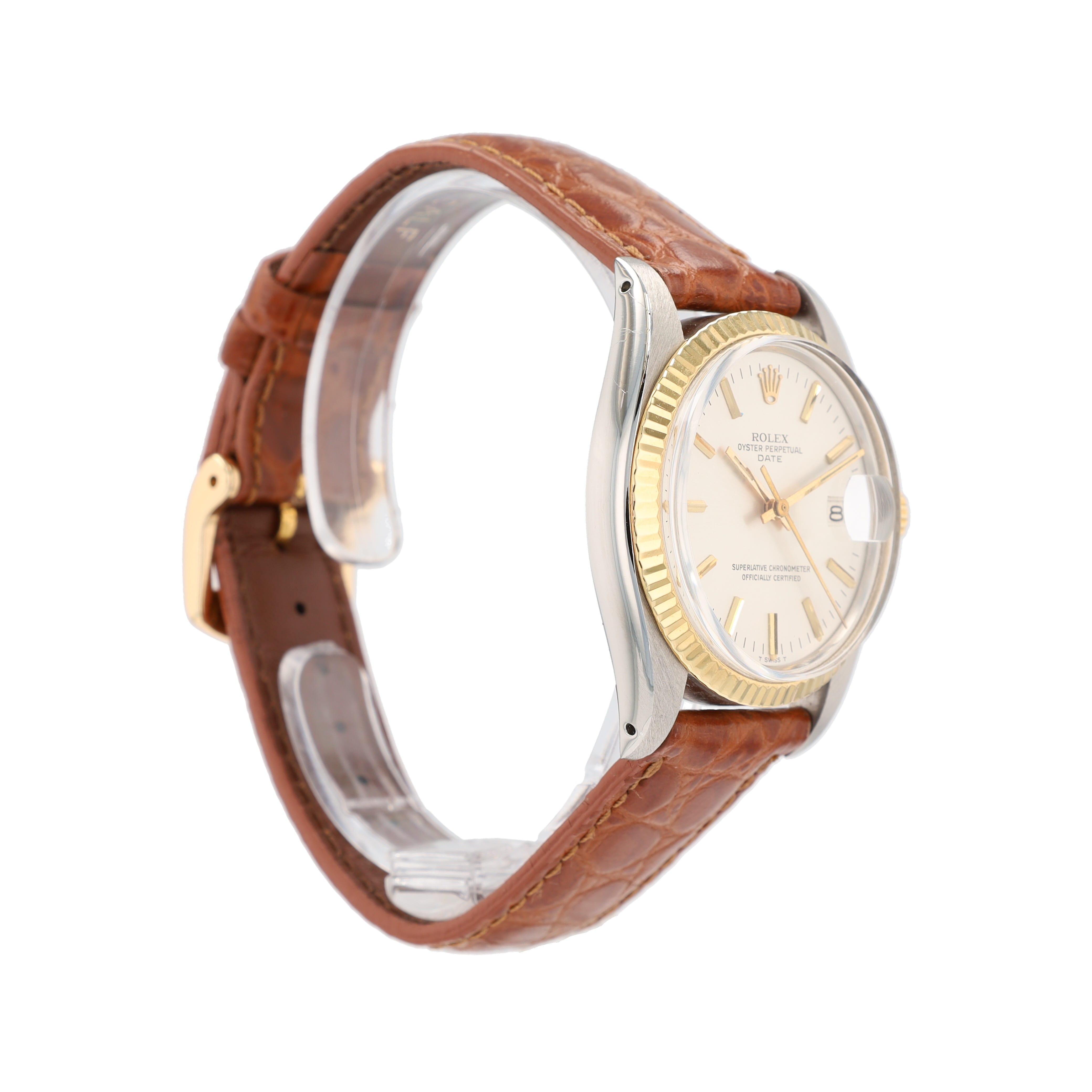 Rolex Date 1501 34mm Silver Index Dial Fluted Bezel leather Band - Luxuriant Concierge