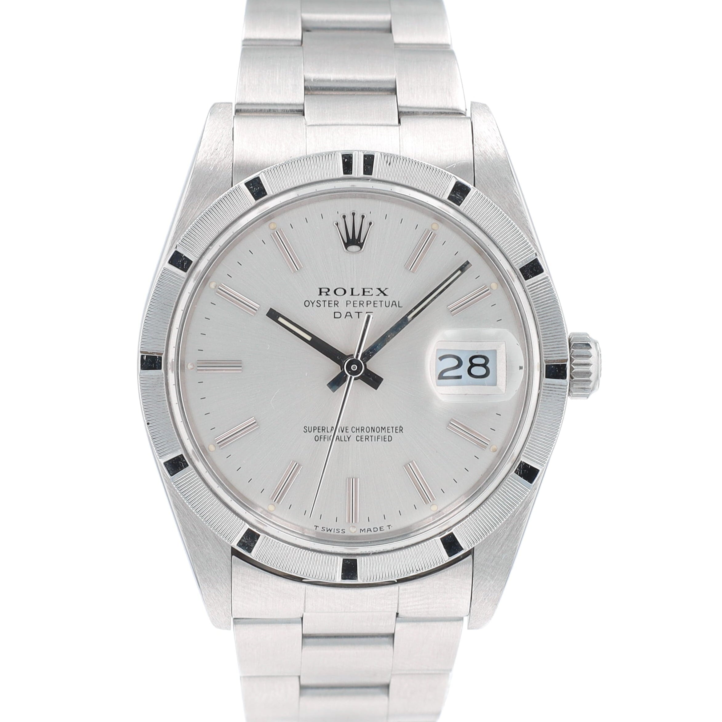 Rolex Date 15010 34mm Silver Index Dial Engine-Turned Bezel Oyster Band - Luxuriant Concierge
