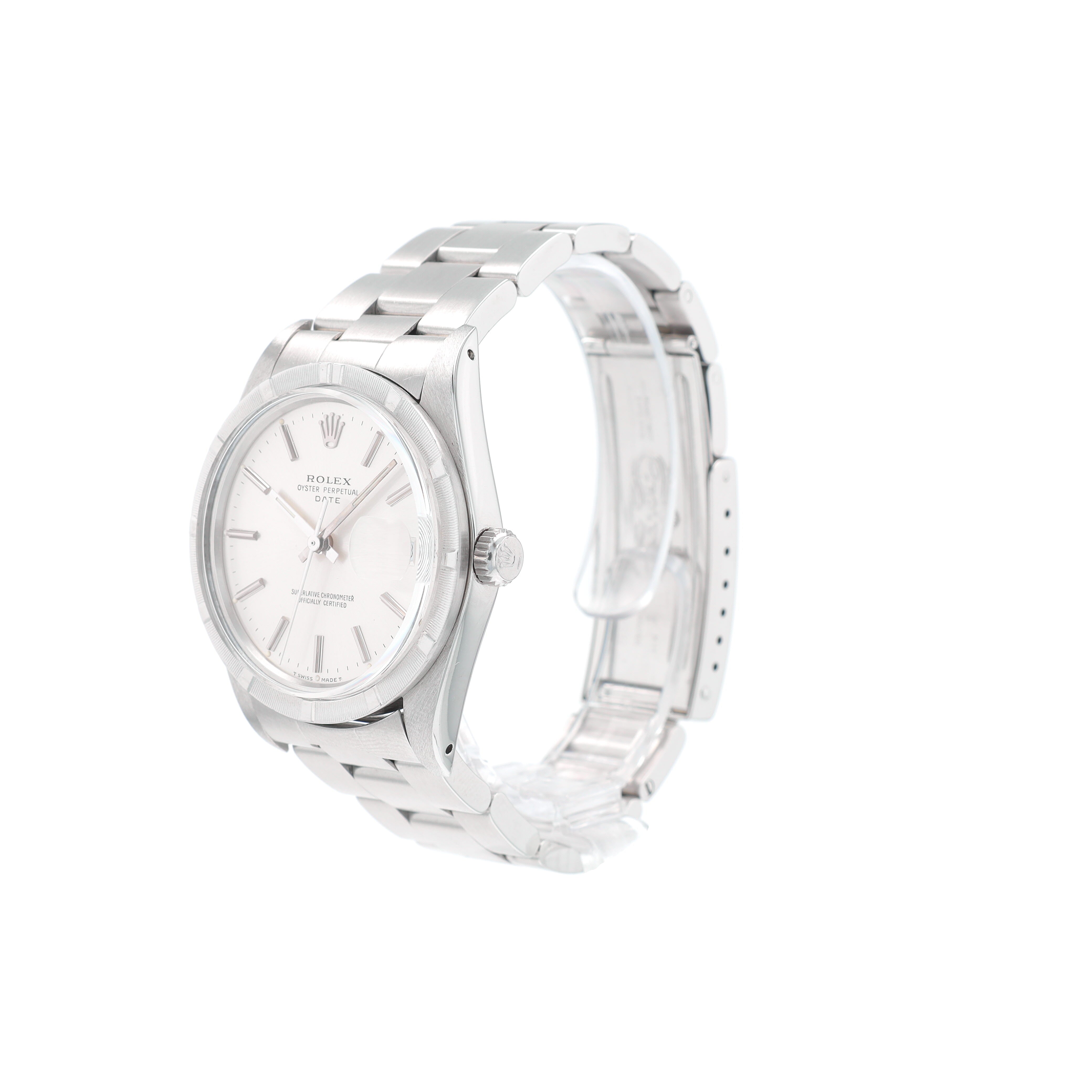 Rolex Date 15010 34mm Silver Index Dial Engine-Turned Bezel Oyster Band - Luxuriant Concierge