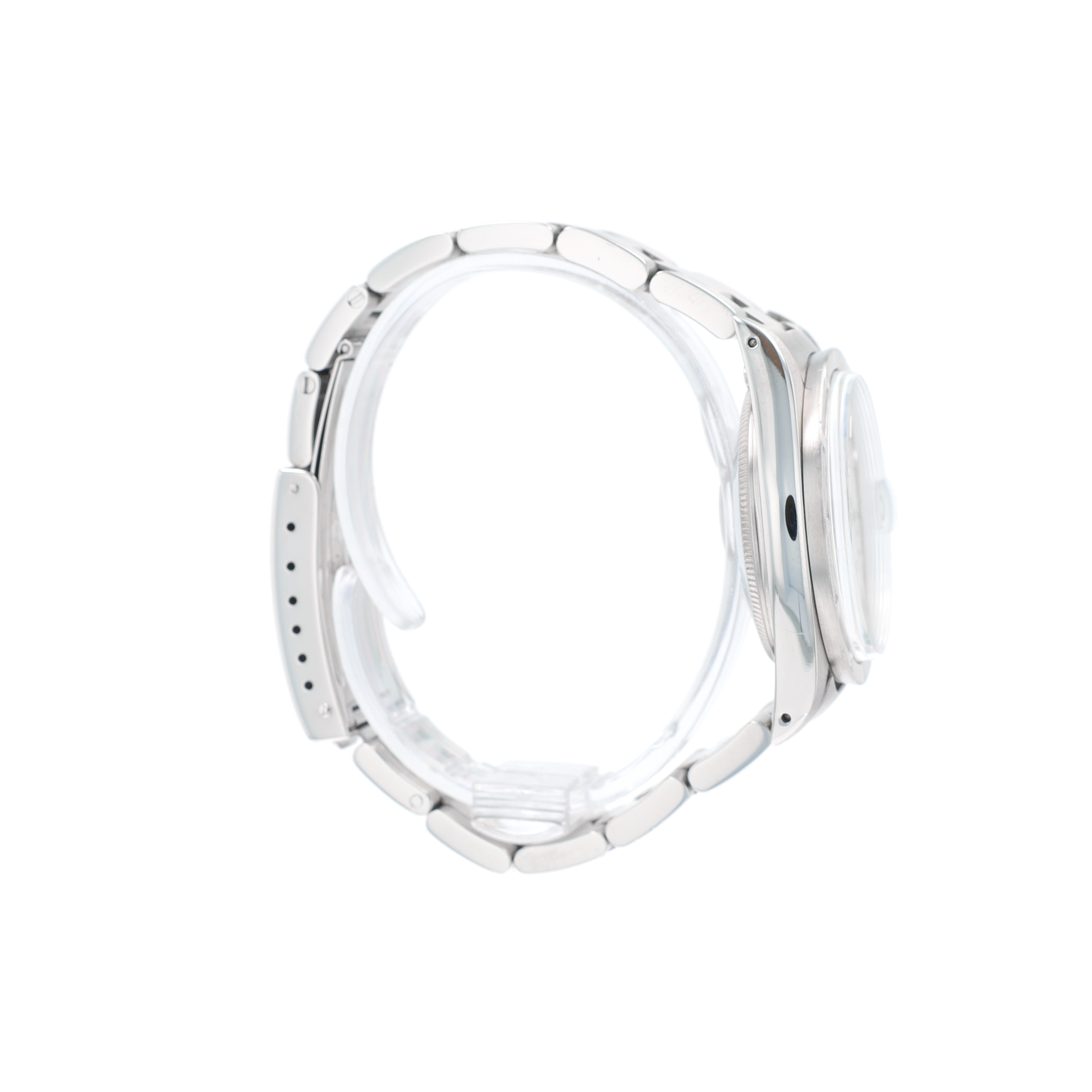 Rolex Date 15010 34mm Silver Index Dial Engine-Turned Bezel Oyster Band - Luxuriant Concierge