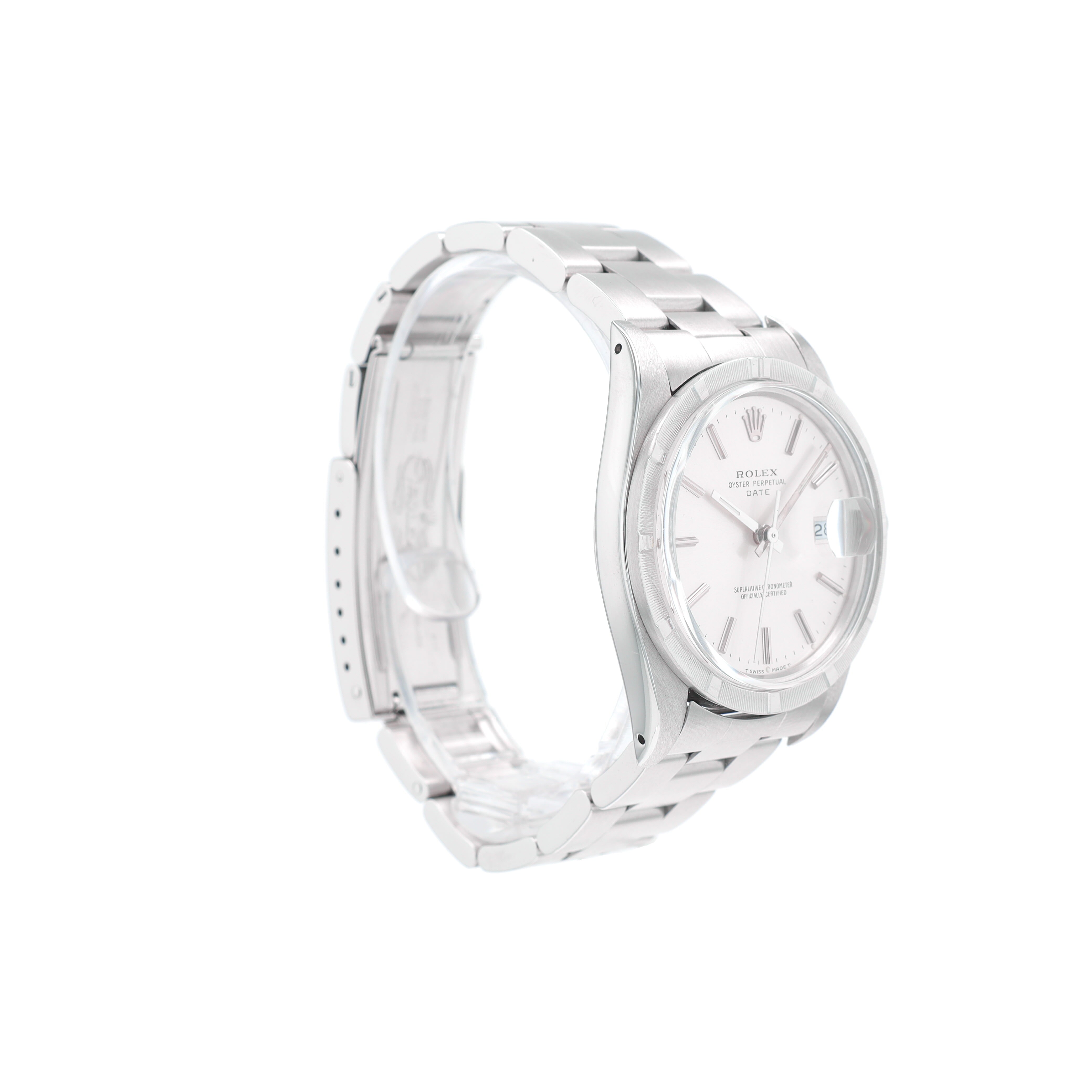 Rolex Date 15010 34mm Silver Index Dial Engine-Turned Bezel Oyster Band - Luxuriant Concierge